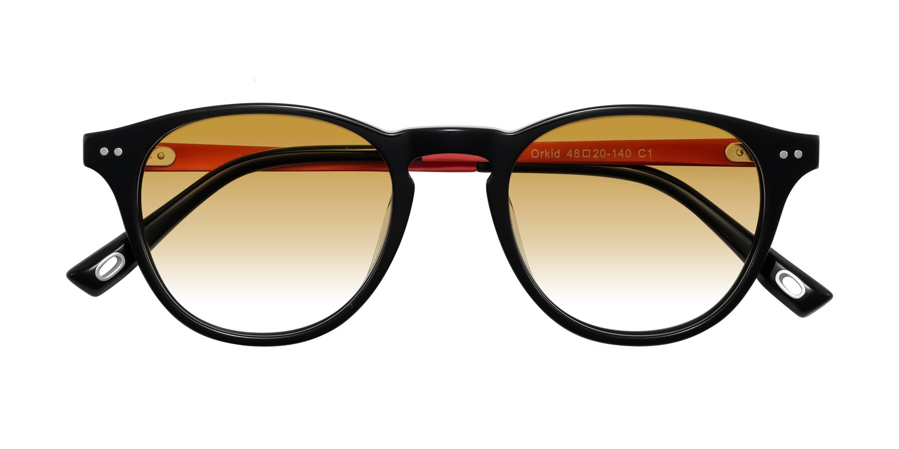 Folded Front of Orkid in Black/Red with Champagne Gradient Lenses