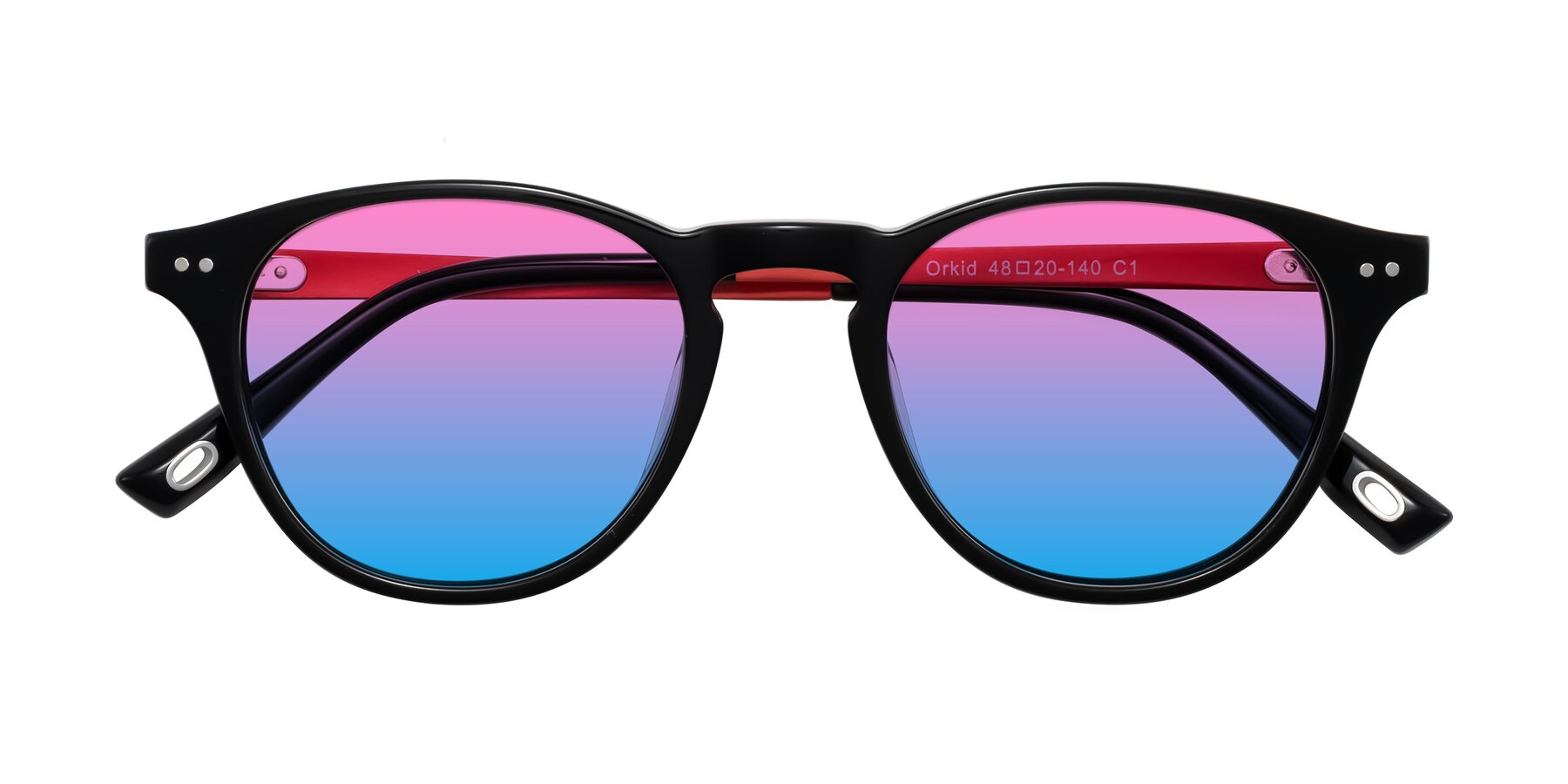 Folded Front of Orkid in Black/Red with Pink / Blue Gradient Lenses