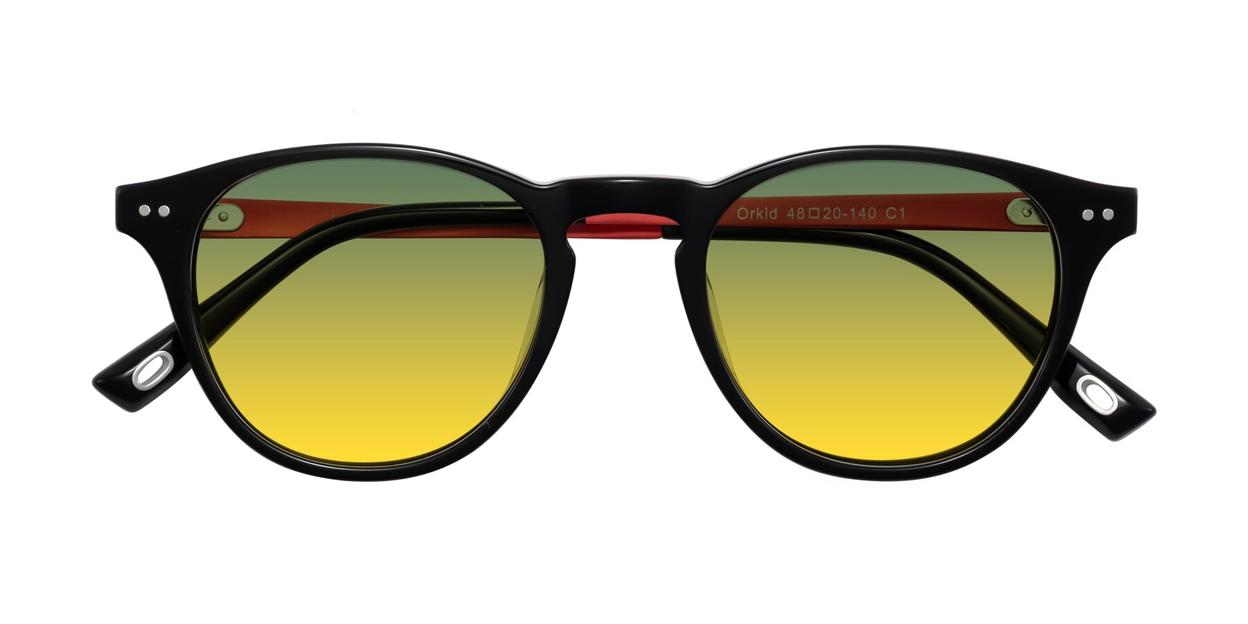 Folded Front of Orkid in Black/Red with Green / Yellow Gradient Lenses