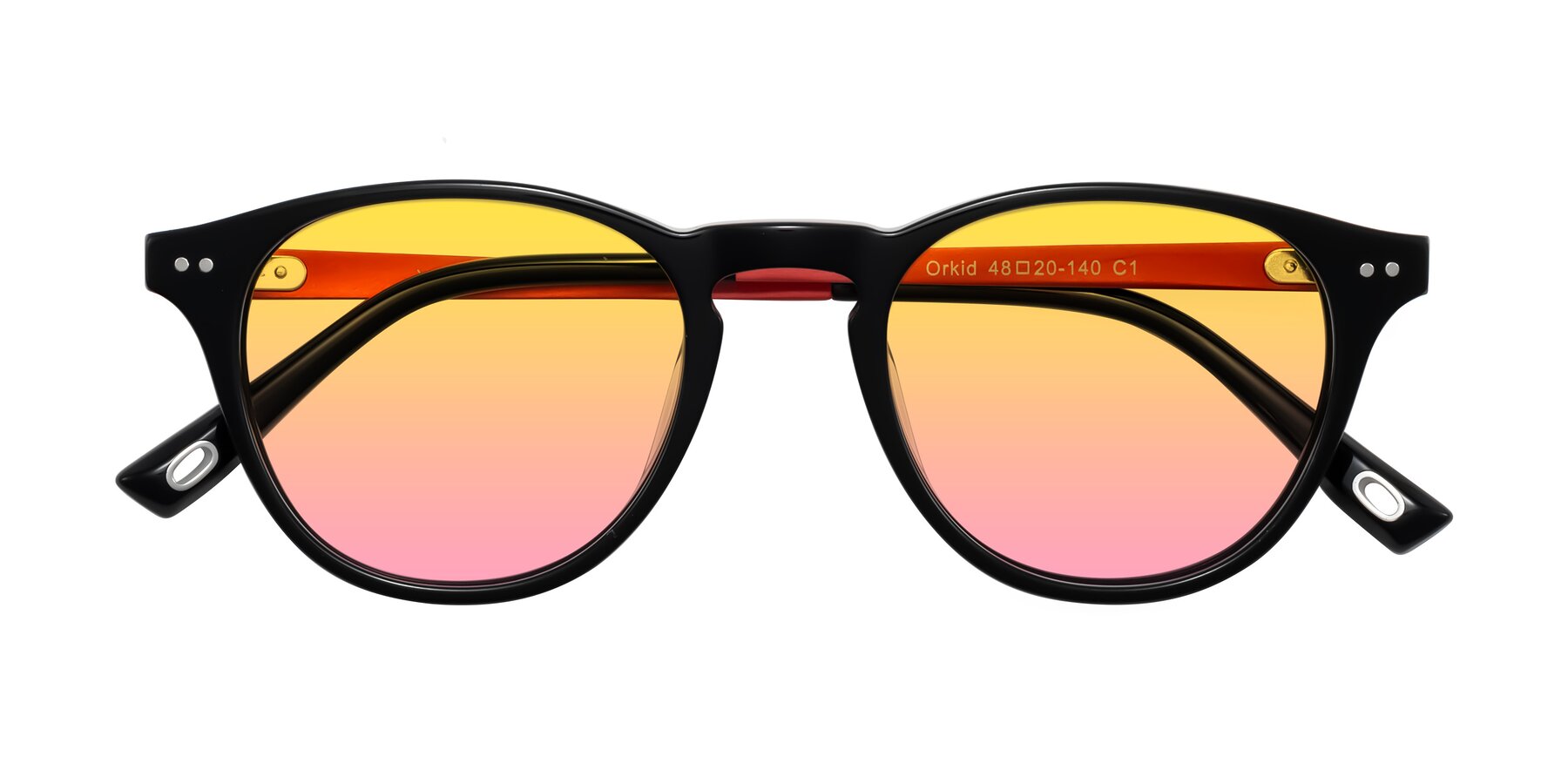 Folded Front of Orkid in Black/Red with Yellow / Pink Gradient Lenses