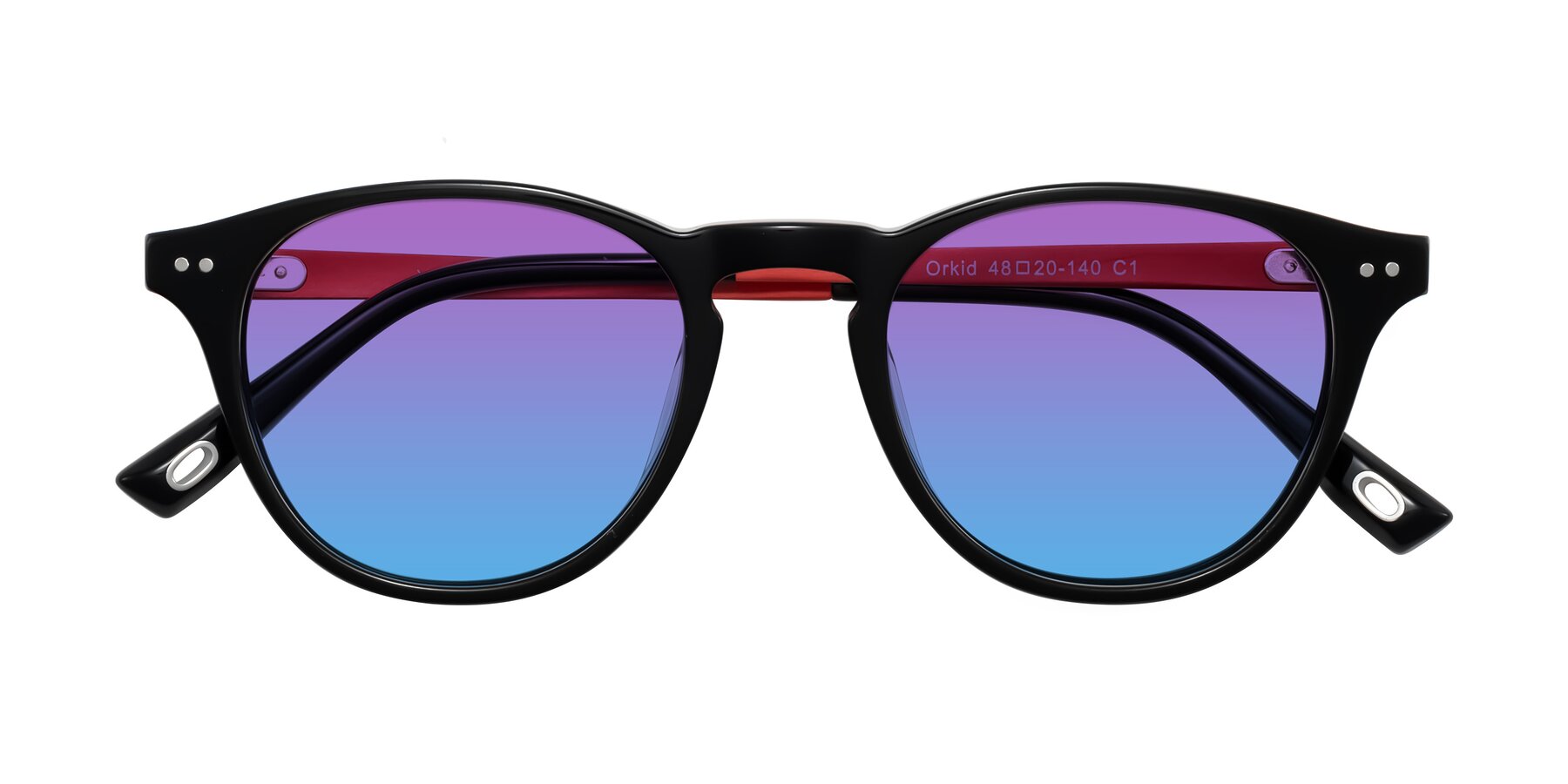 Folded Front of Orkid in Black/Red with Purple / Blue Gradient Lenses