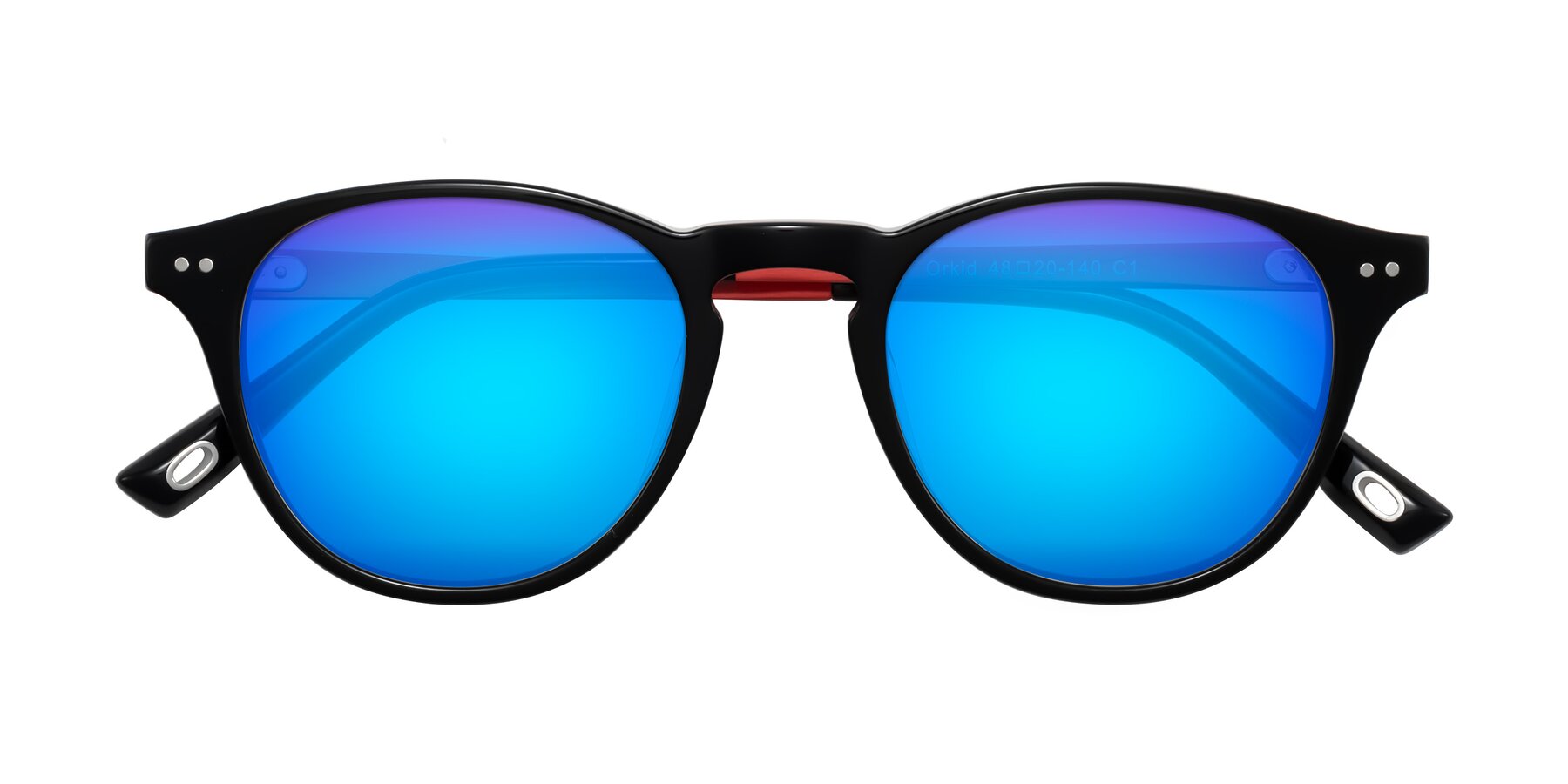 Folded Front of Orkid in Black/Red with Blue Mirrored Lenses