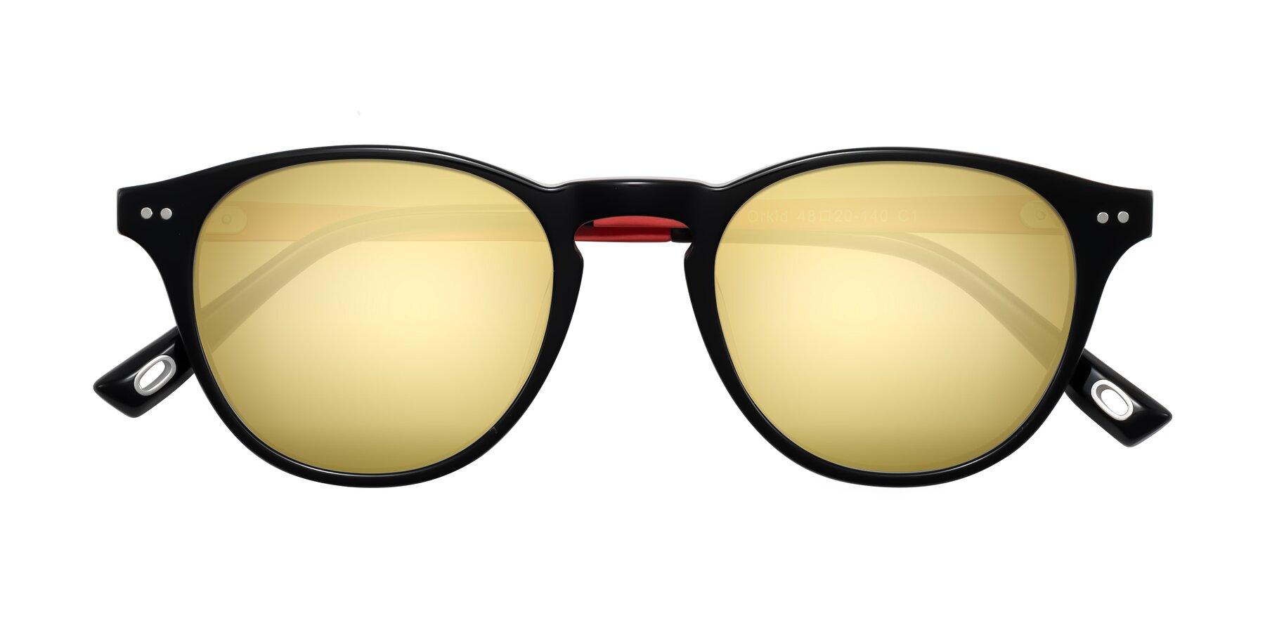 Folded Front of Orkid in Black/Red with Gold Mirrored Lenses