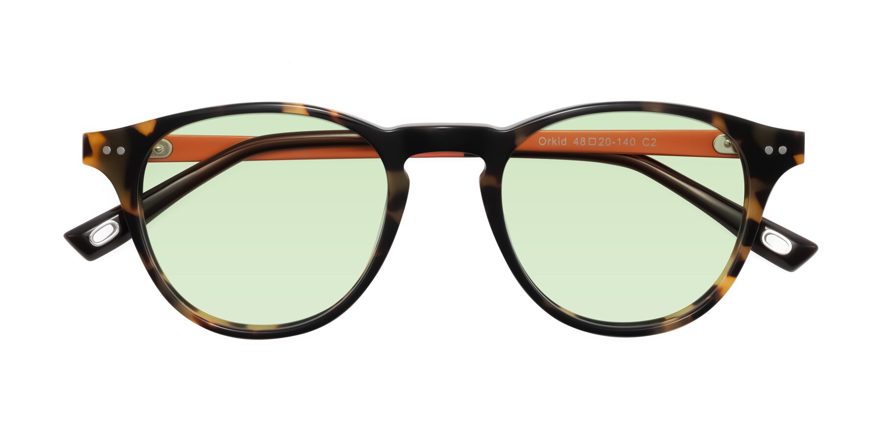 Folded Front of Orkid in Tortoise/Orange with Light Green Tinted Lenses