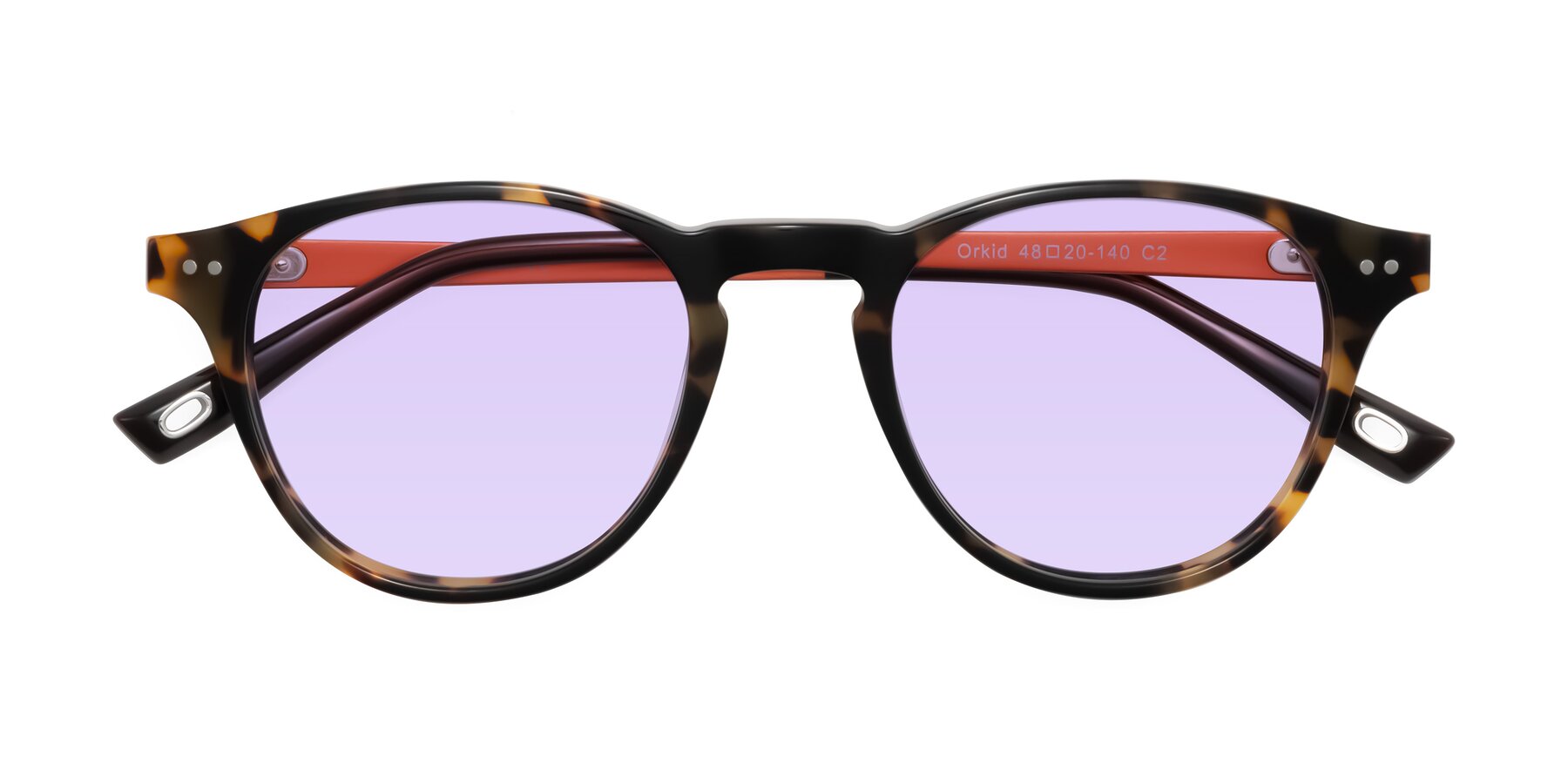 Folded Front of Orkid in Tortoise/Orange with Light Purple Tinted Lenses