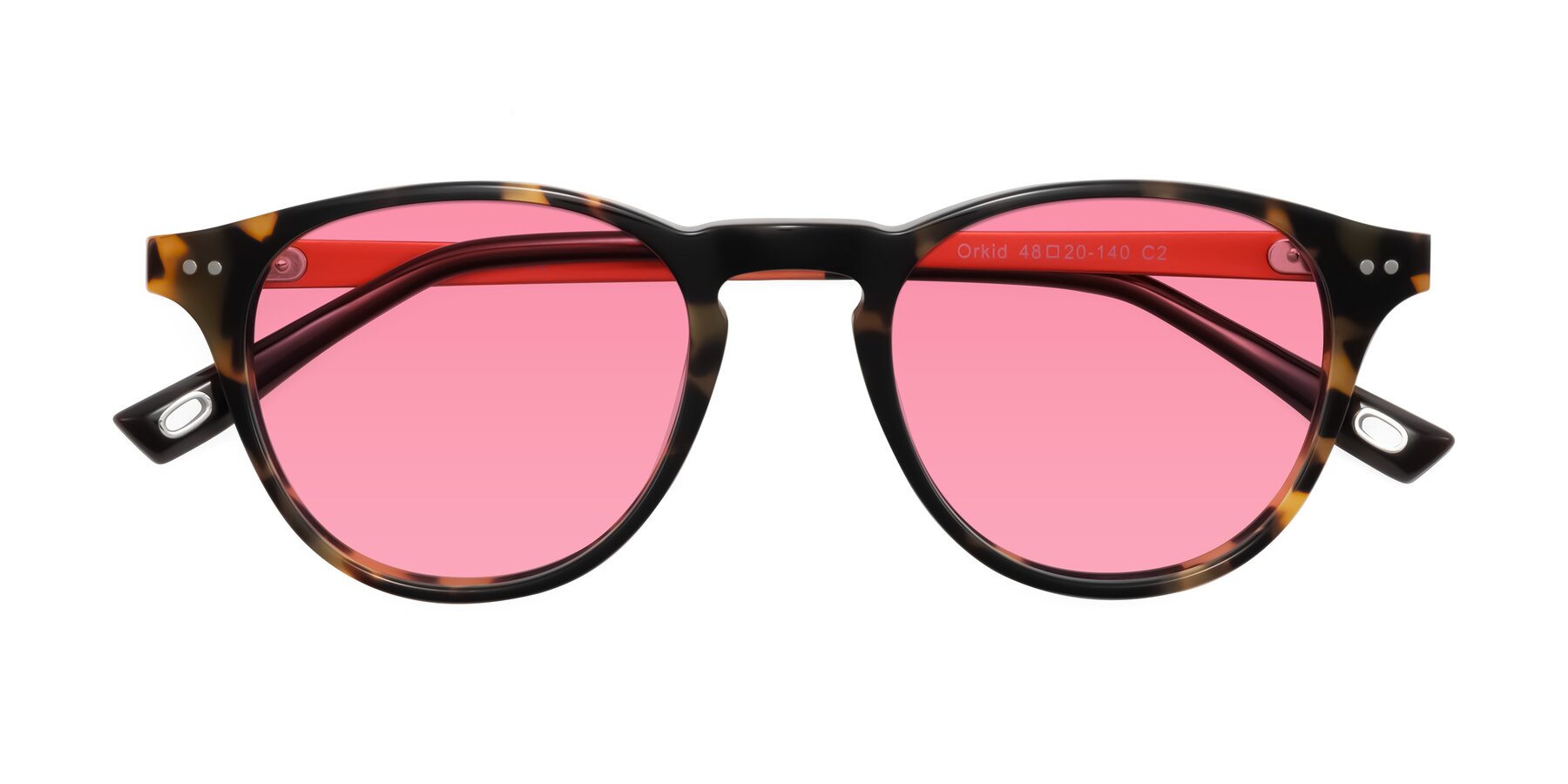 Folded Front of Orkid in Tortoise/Orange with Pink Tinted Lenses