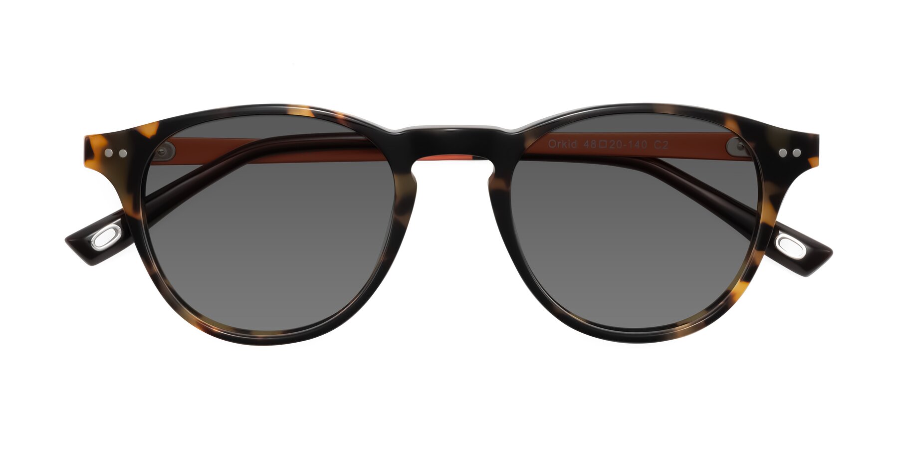 Folded Front of Orkid in Tortoise/Orange with Medium Gray Tinted Lenses