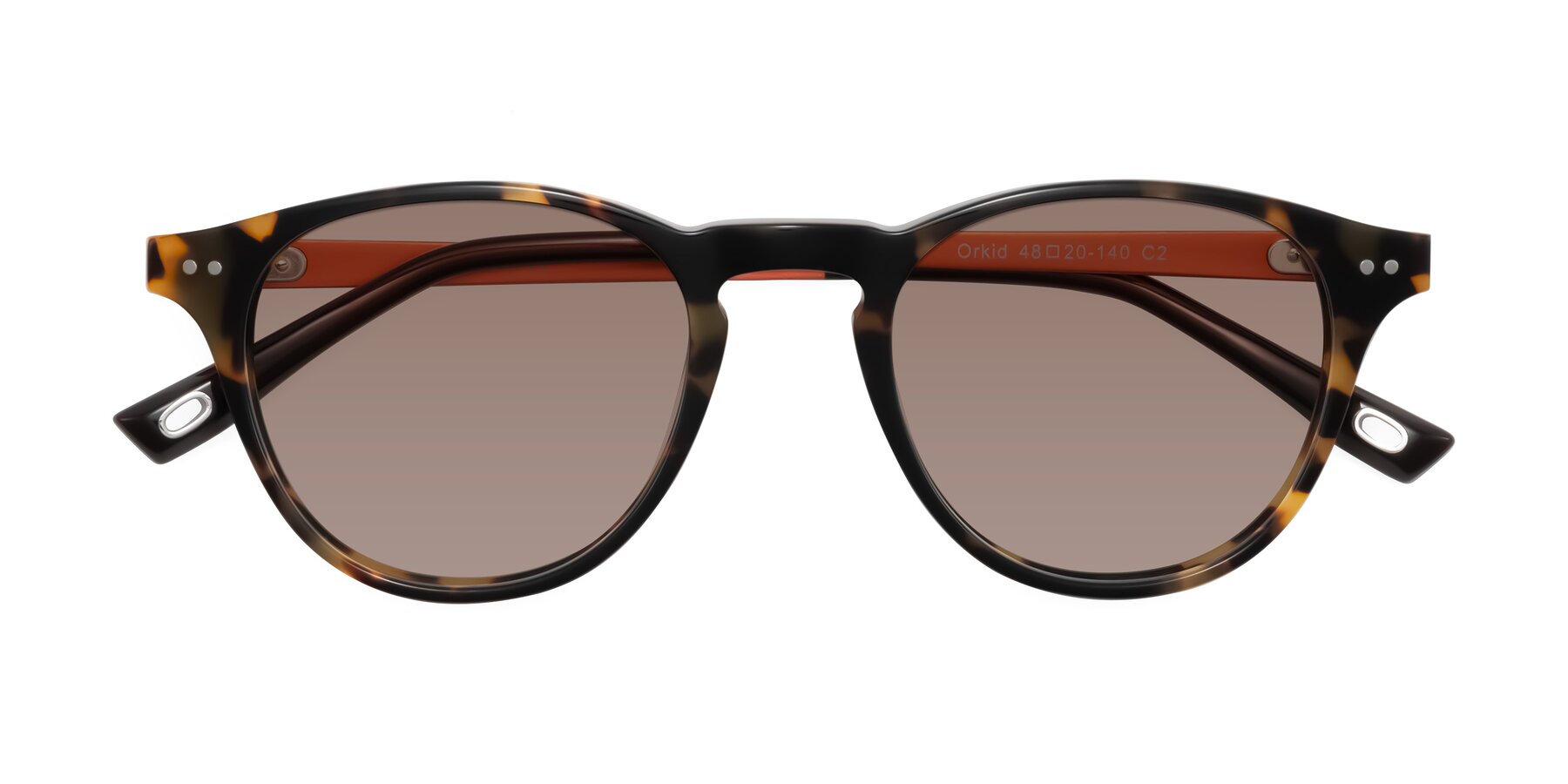 Folded Front of Orkid in Tortoise/Orange with Medium Brown Tinted Lenses