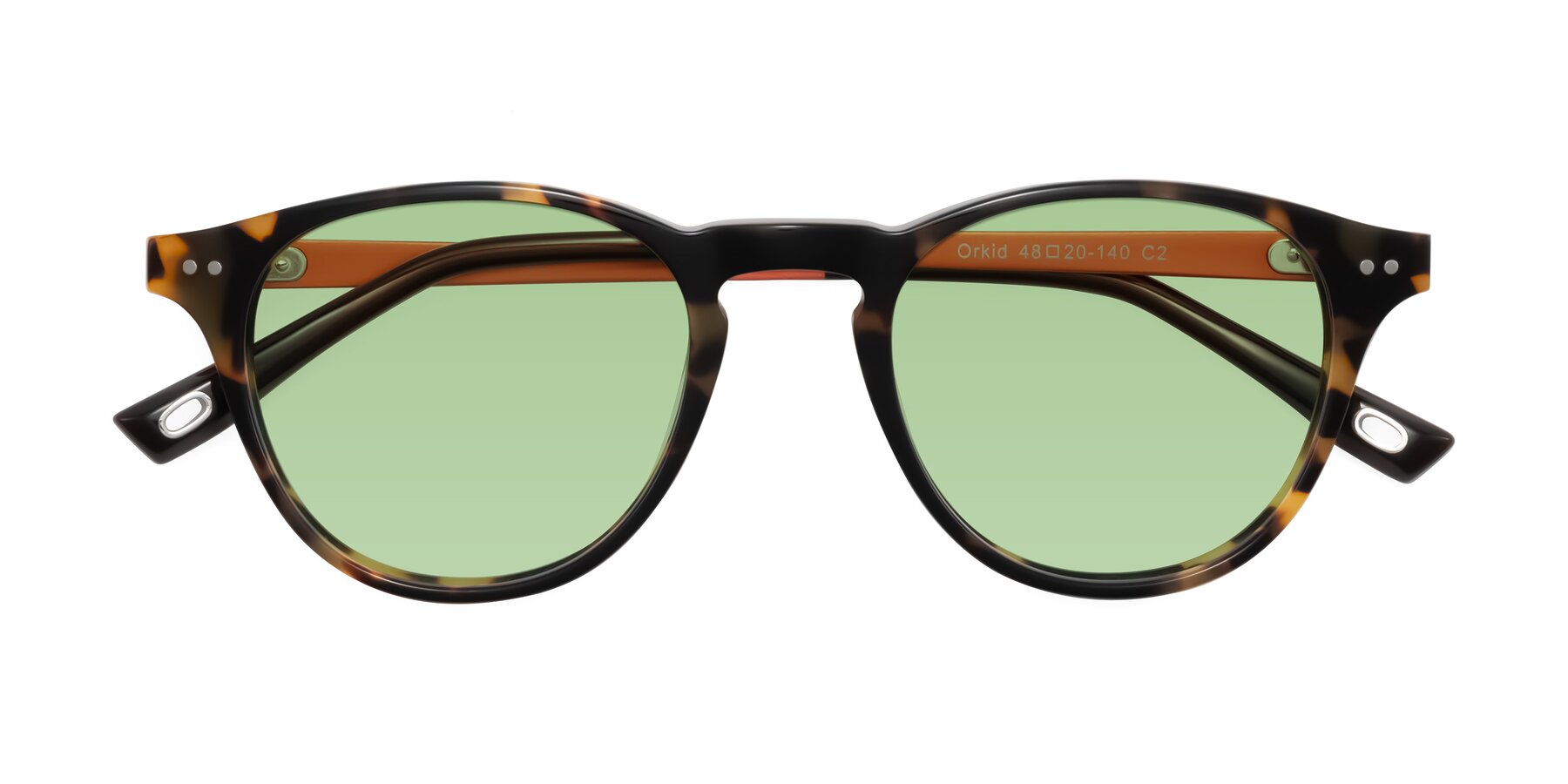 Folded Front of Orkid in Tortoise/Orange with Medium Green Tinted Lenses