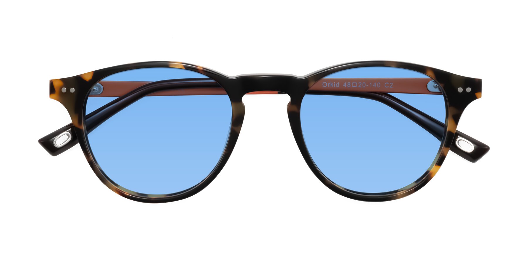Folded Front of Orkid in Tortoise/Orange with Medium Blue Tinted Lenses