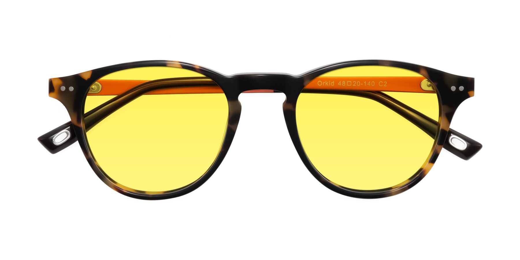 Folded Front of Orkid in Tortoise/Orange with Medium Yellow Tinted Lenses