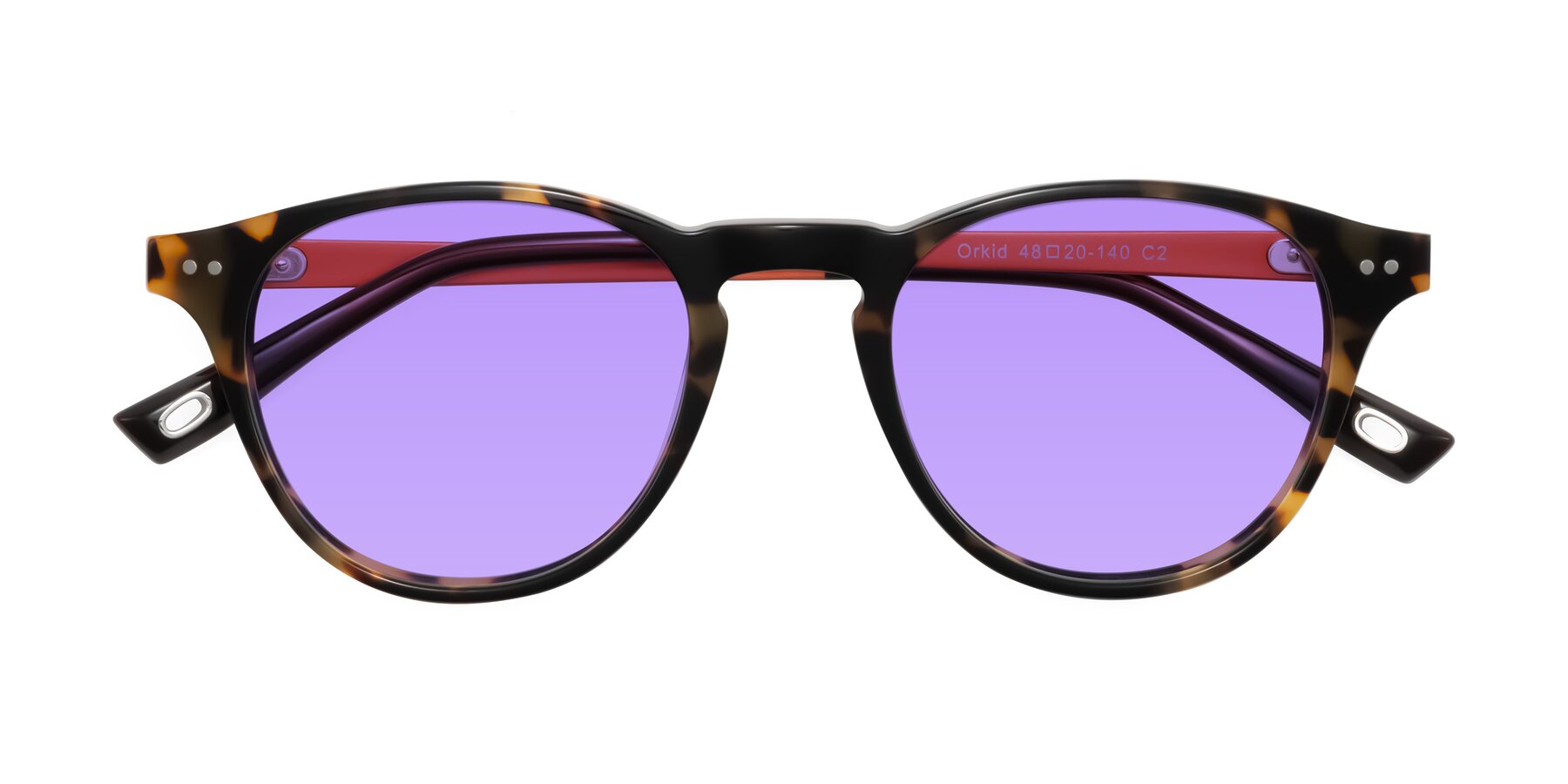 Folded Front of Orkid in Tortoise/Orange with Medium Purple Tinted Lenses