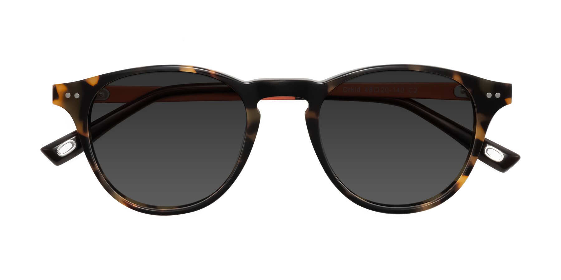 Folded Front of Orkid in Tortoise/Orange with Gray Tinted Lenses
