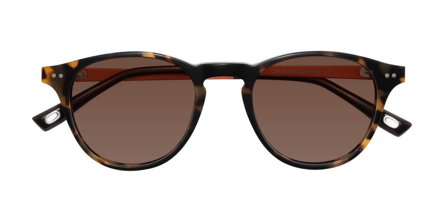 Folded Front of Orkid in Tortoise/Orange with Brown Tinted Lenses