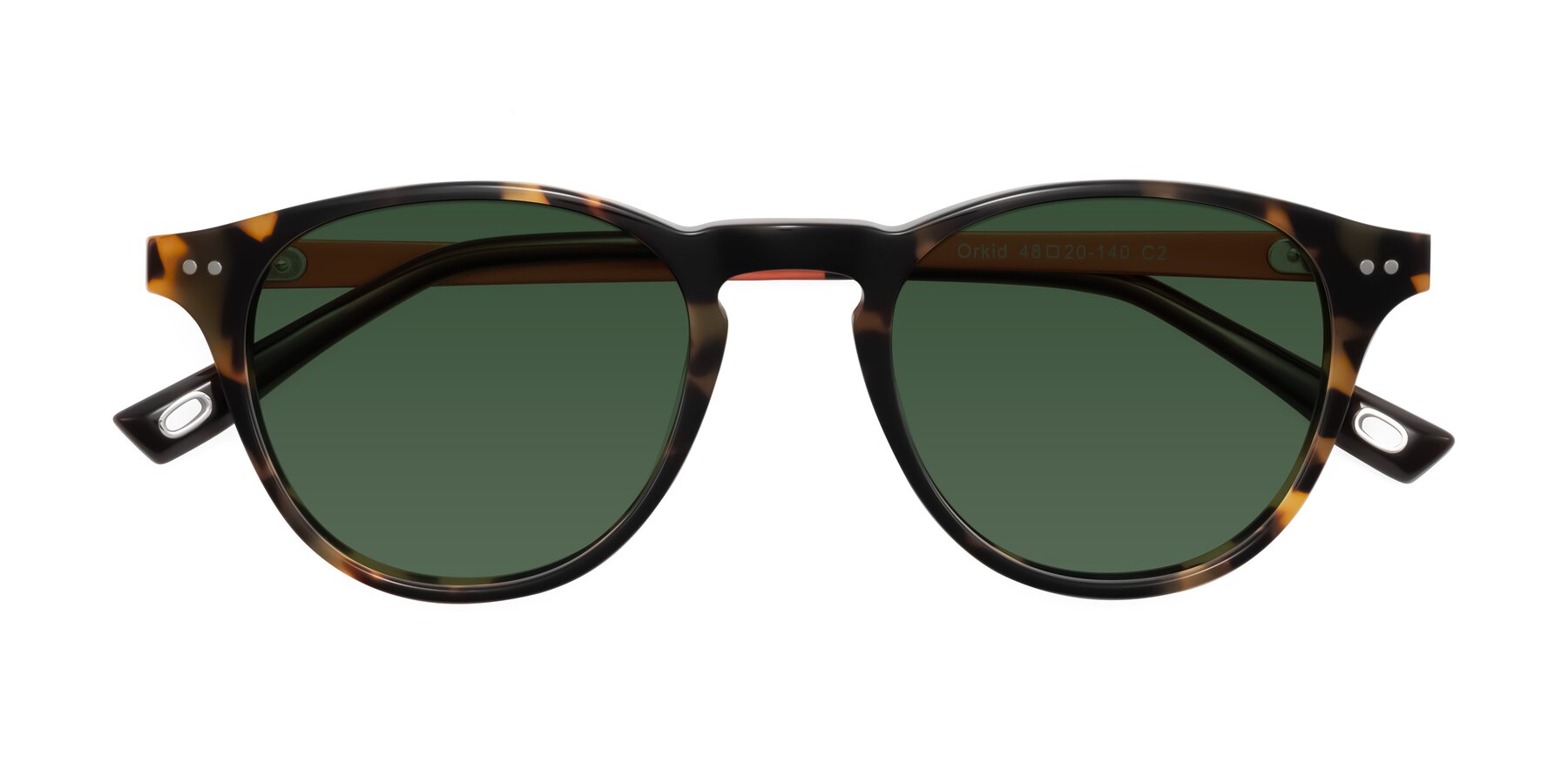 Folded Front of Orkid in Tortoise/Orange with Green Tinted Lenses