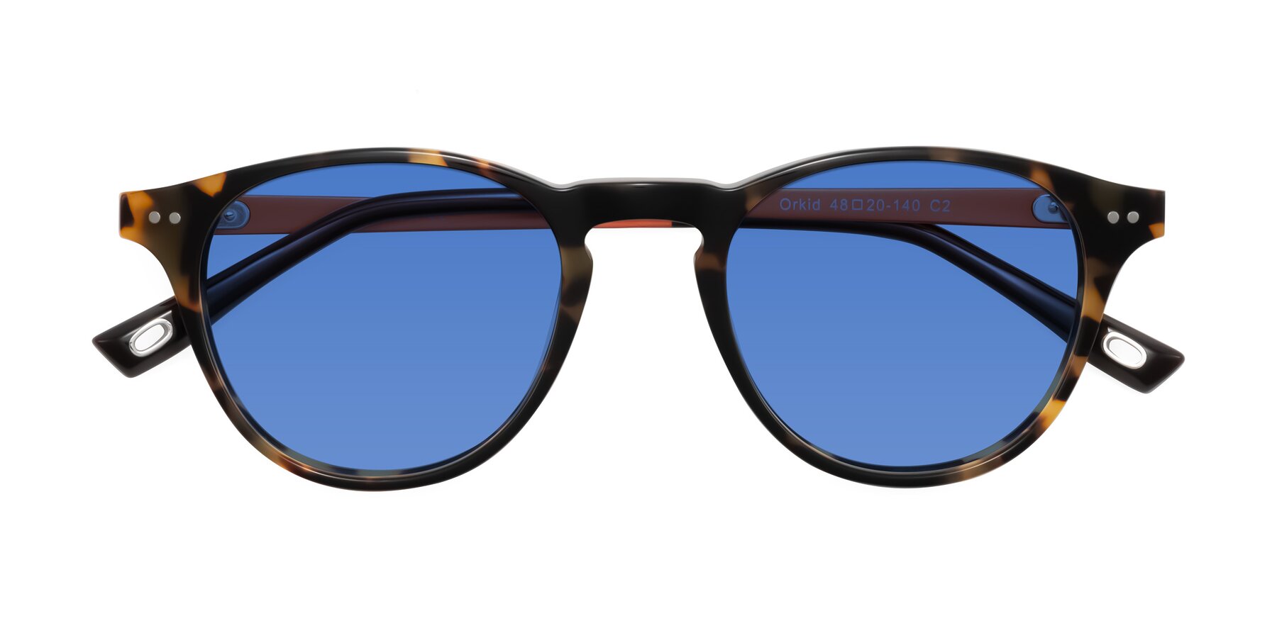 Folded Front of Orkid in Tortoise/Orange with Blue Tinted Lenses