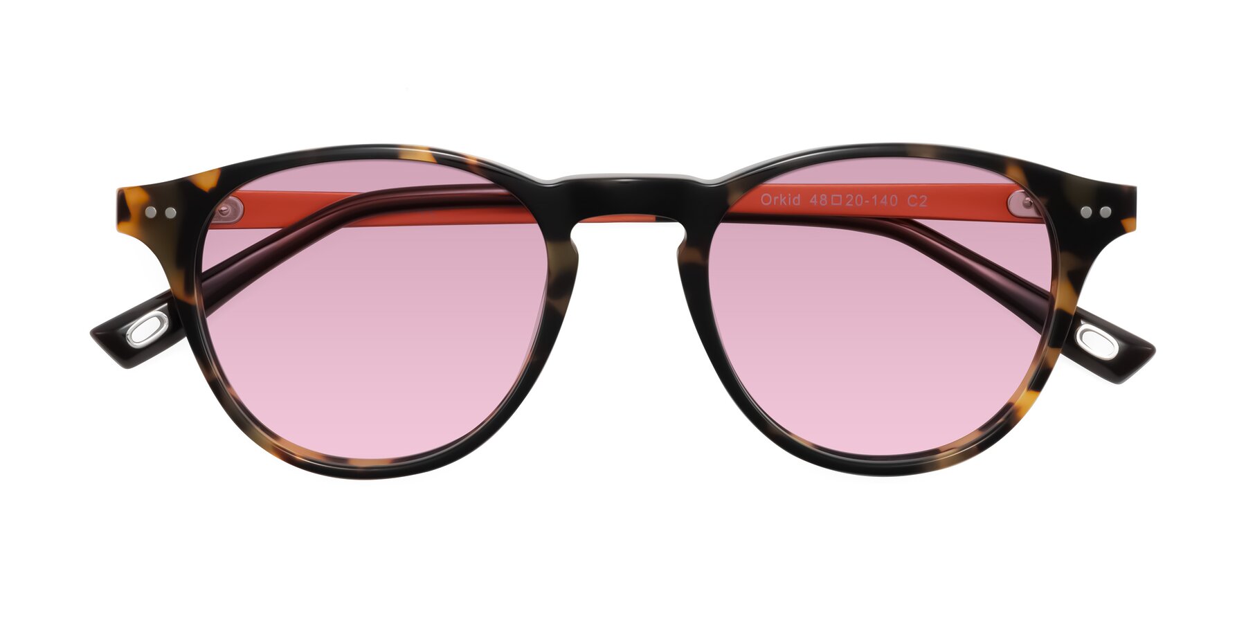 Folded Front of Orkid in Tortoise/Orange with Light Wine Tinted Lenses