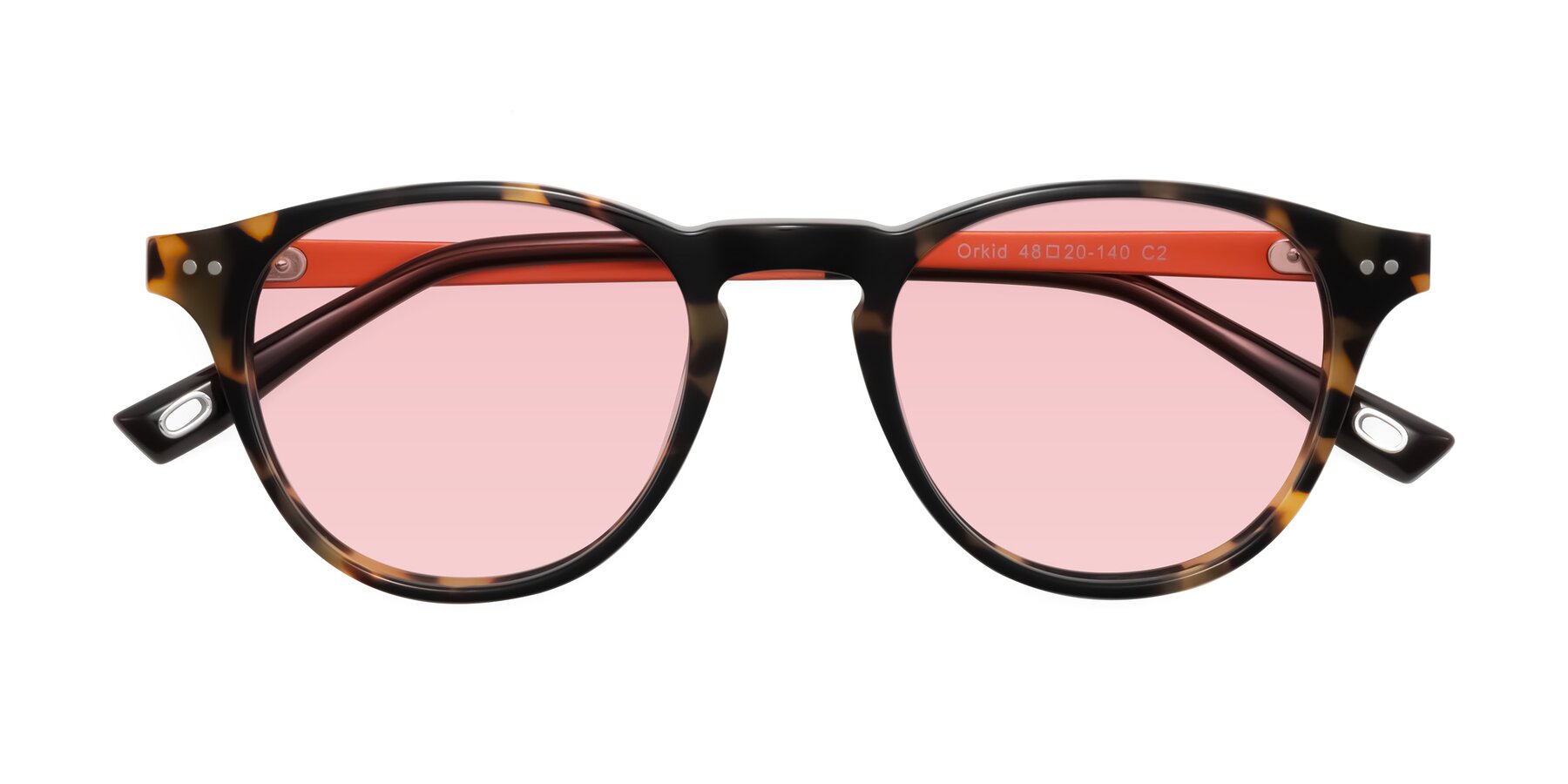 Folded Front of Orkid in Tortoise/Orange with Light Garnet Tinted Lenses