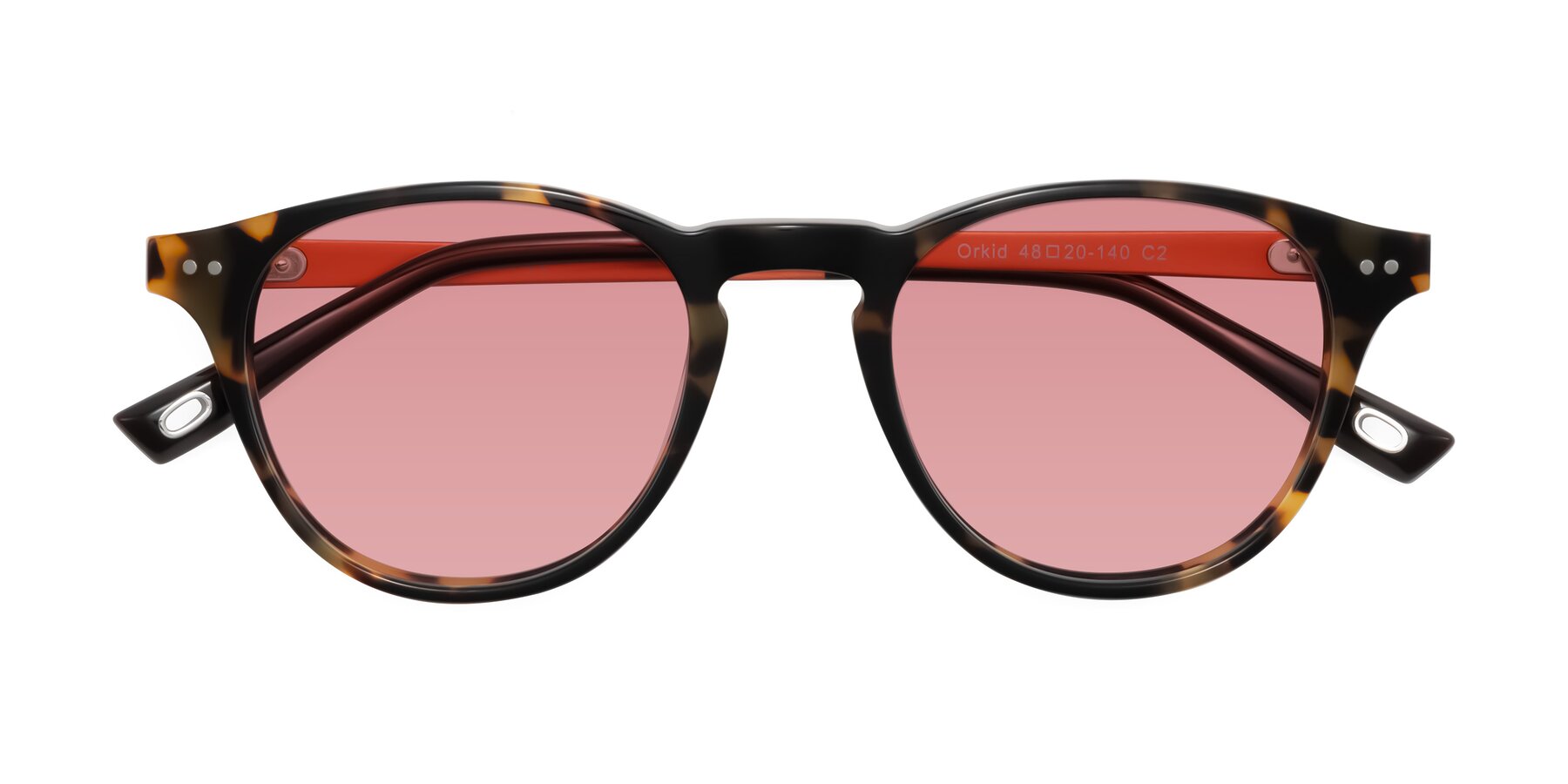 Folded Front of Orkid in Tortoise/Orange with Medium Garnet Tinted Lenses