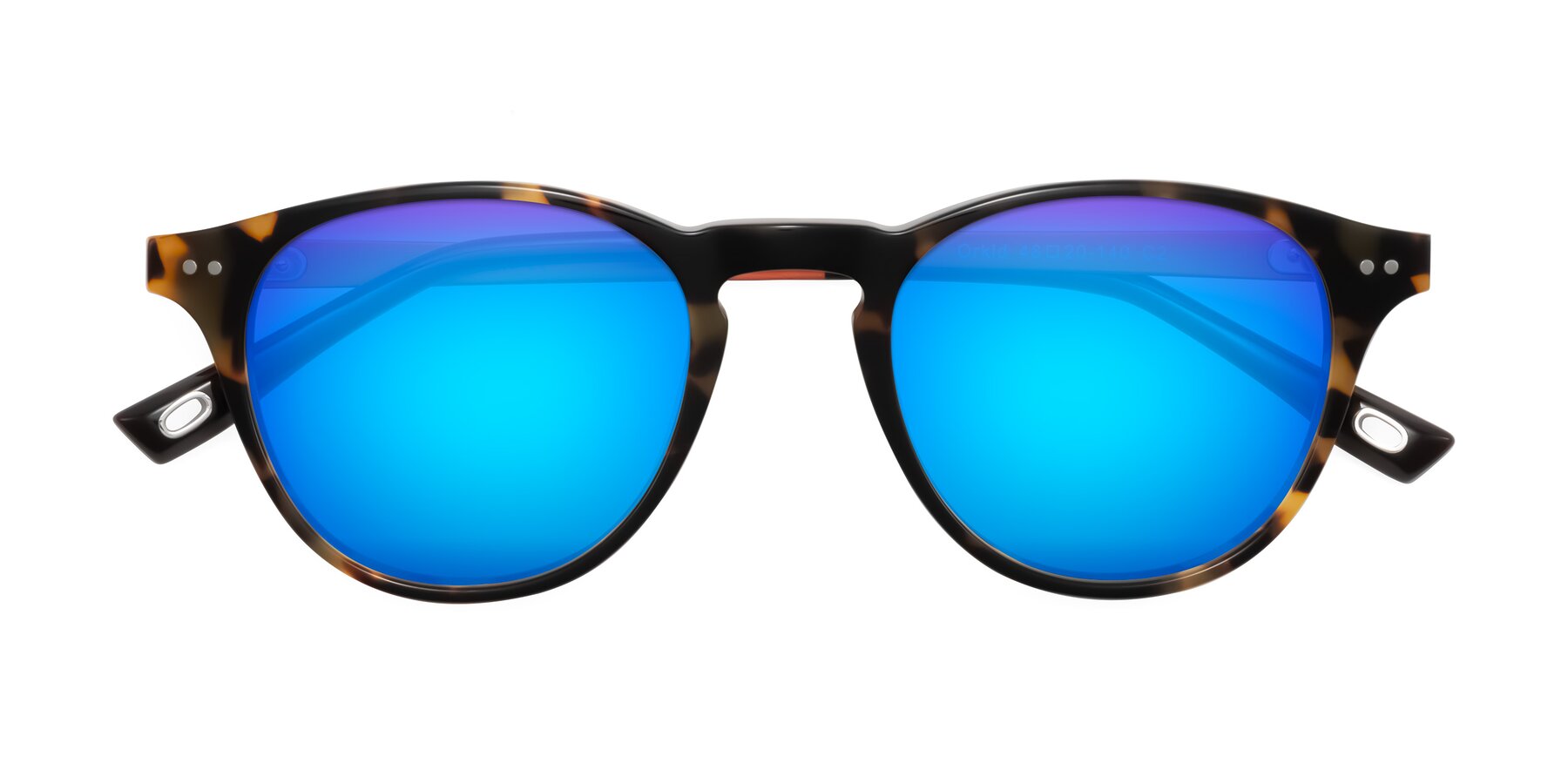 Folded Front of Orkid in Tortoise/Orange with Blue Mirrored Lenses