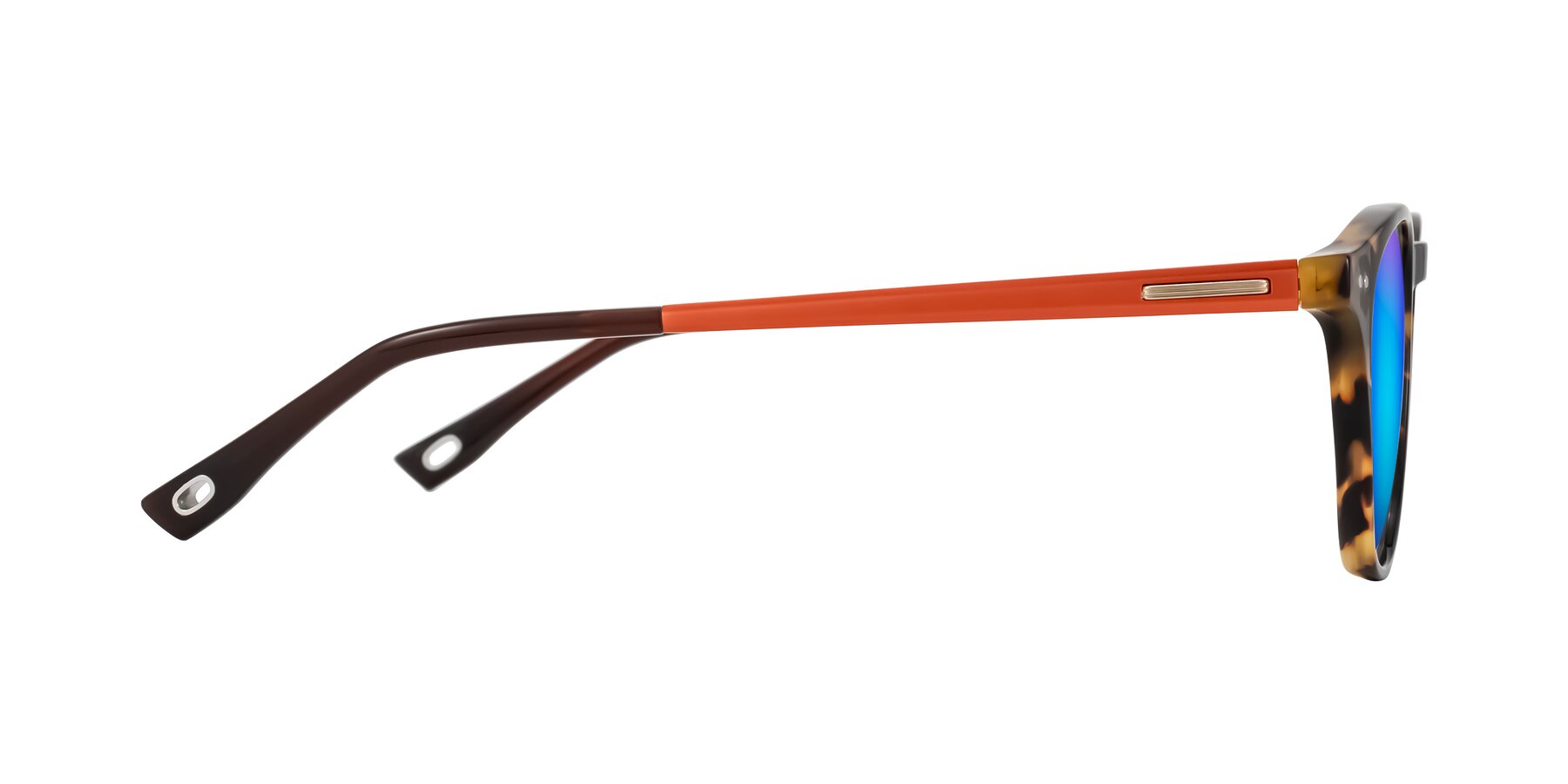 Side of Orkid in Tortoise/Orange with Blue Mirrored Lenses