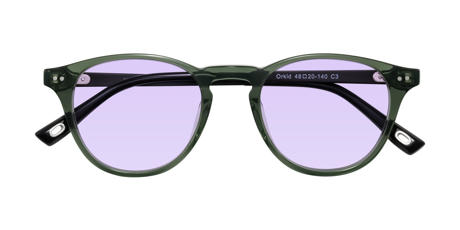 Folded Front of Orkid in Green/Black with Light Purple Tinted Lenses