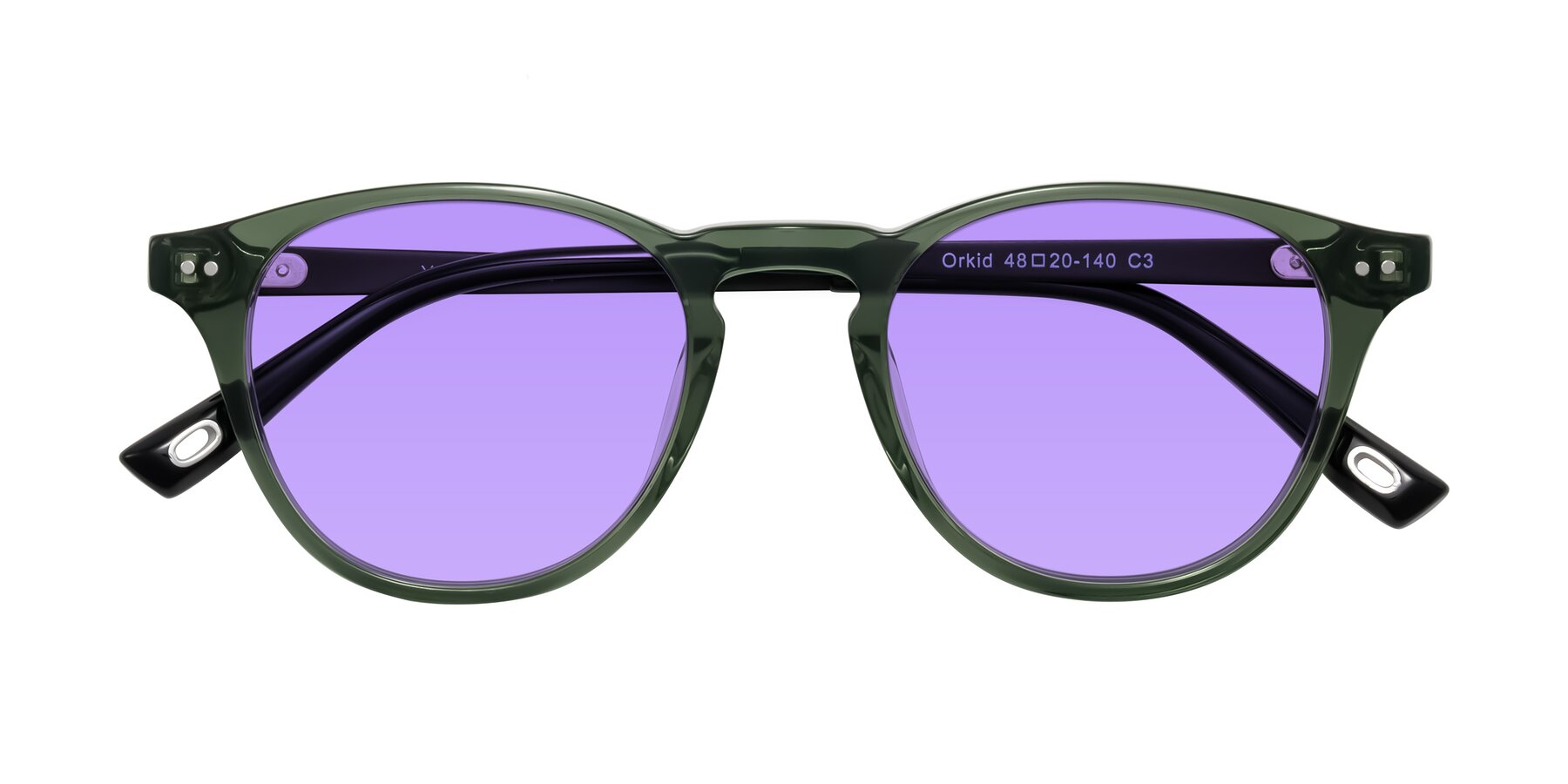 Folded Front of Orkid in Green/Black with Medium Purple Tinted Lenses