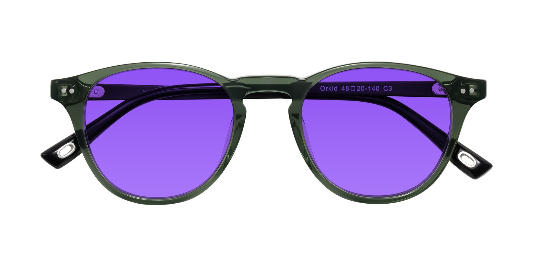 Folded Front of Orkid in Green/Black with Purple Tinted Lenses