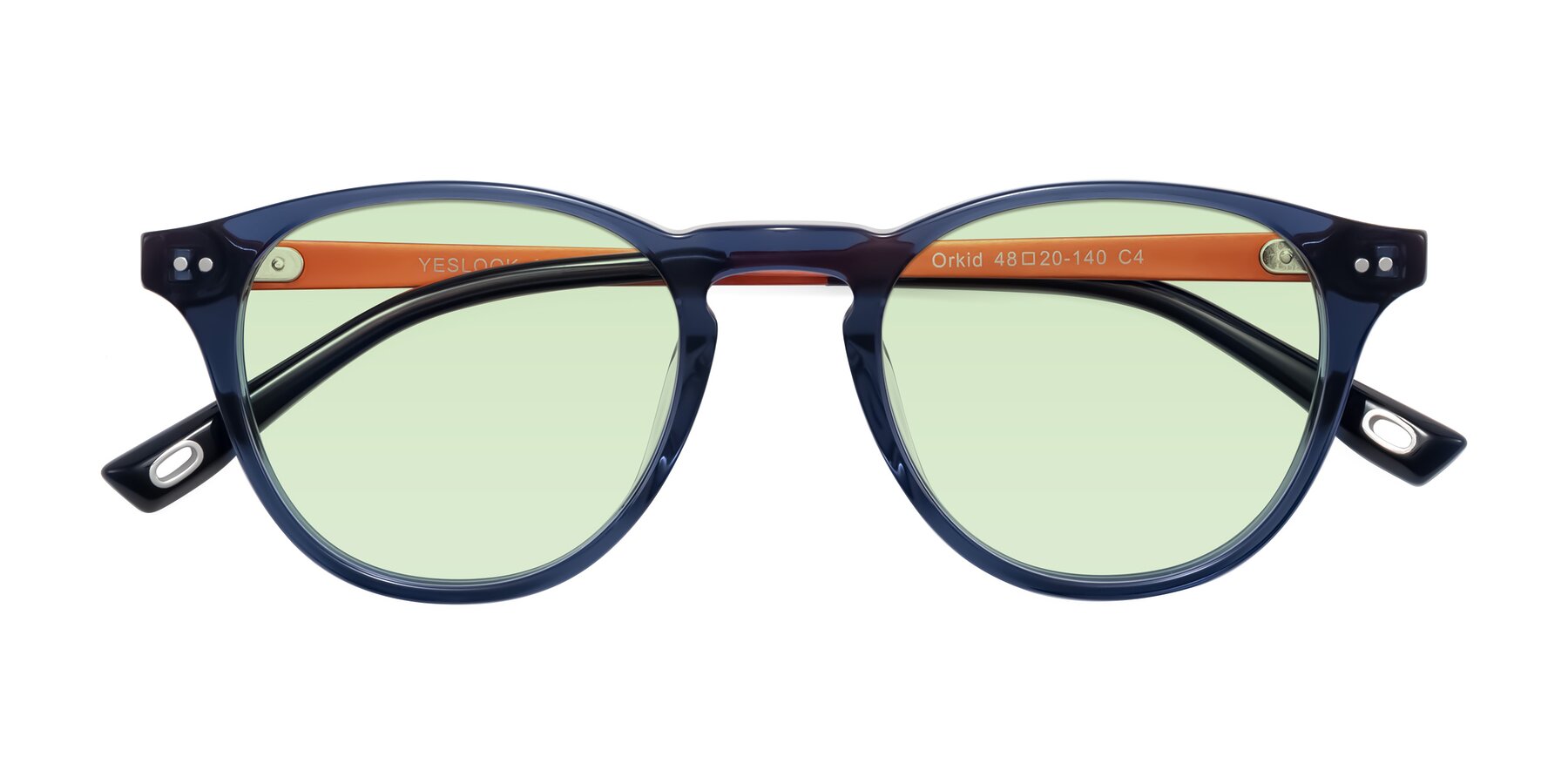 Folded Front of Orkid in Blue/Orangle with Light Green Tinted Lenses