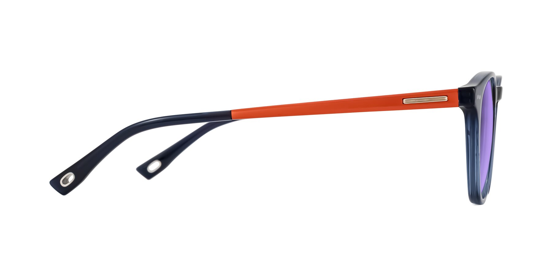 Side of Orkid in Blue/Orangle with Medium Purple Tinted Lenses