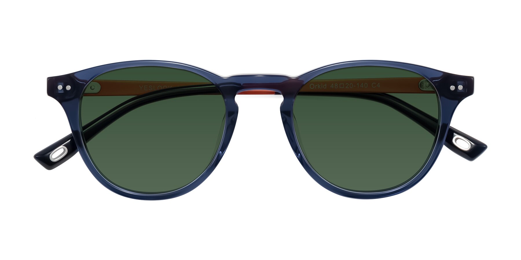 Folded Front of Orkid in Blue/Orangle with Green Tinted Lenses