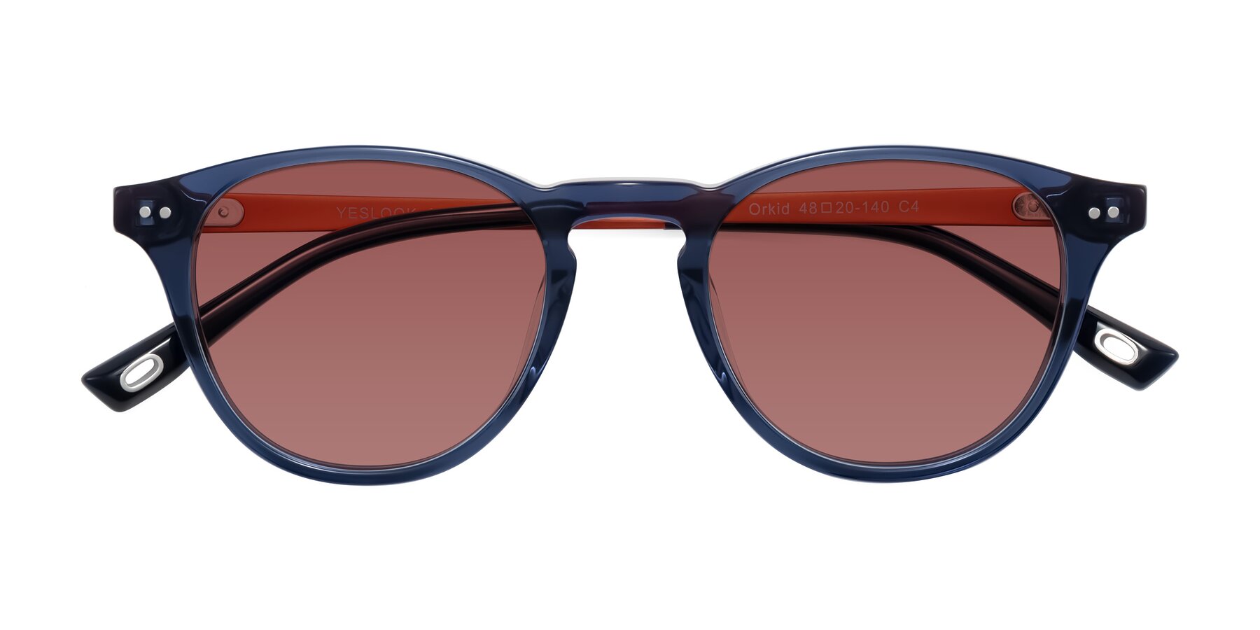 Folded Front of Orkid in Blue/Orangle with Garnet Tinted Lenses