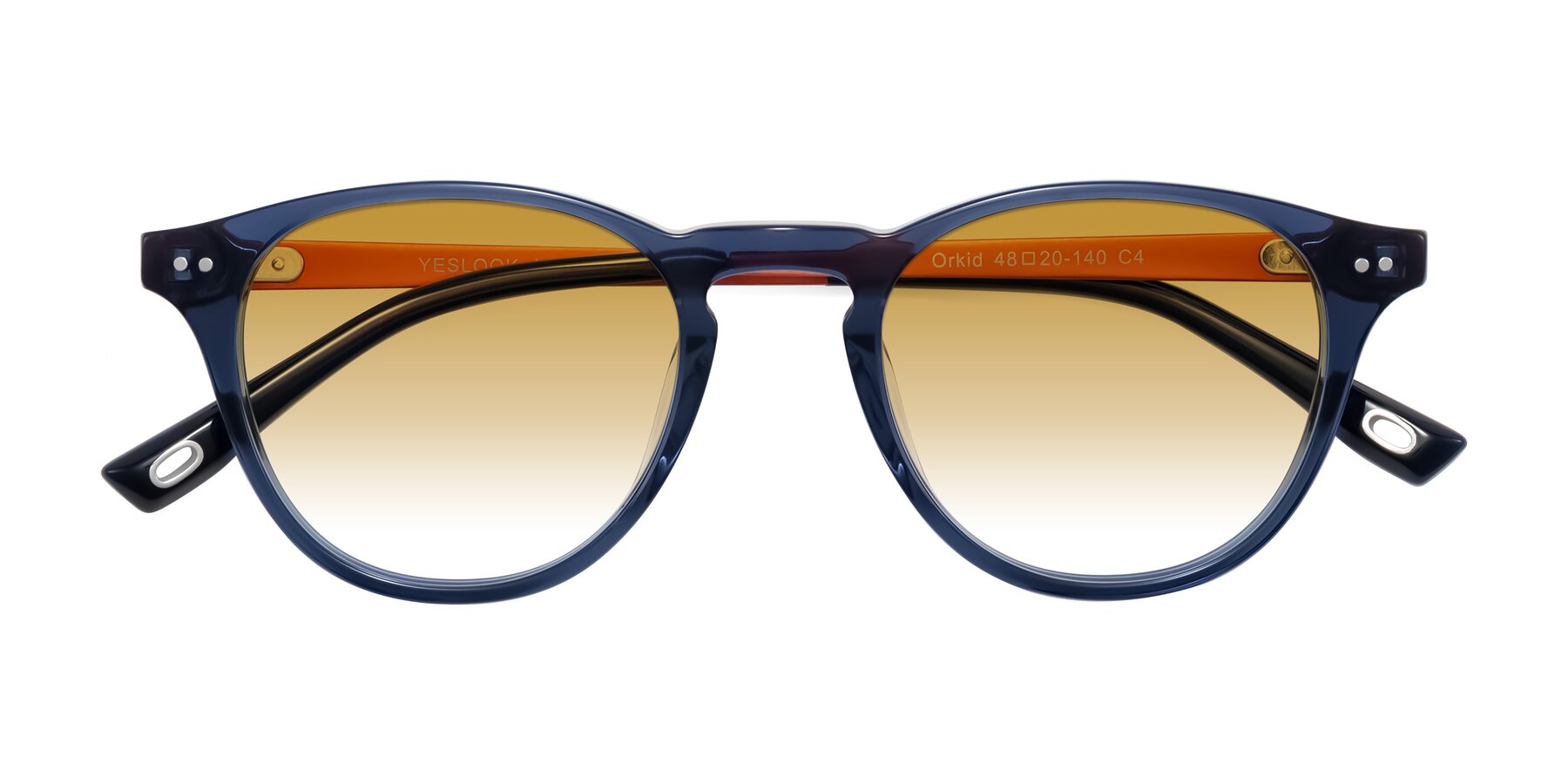 Folded Front of Orkid in Blue/Orangle with Champagne Gradient Lenses