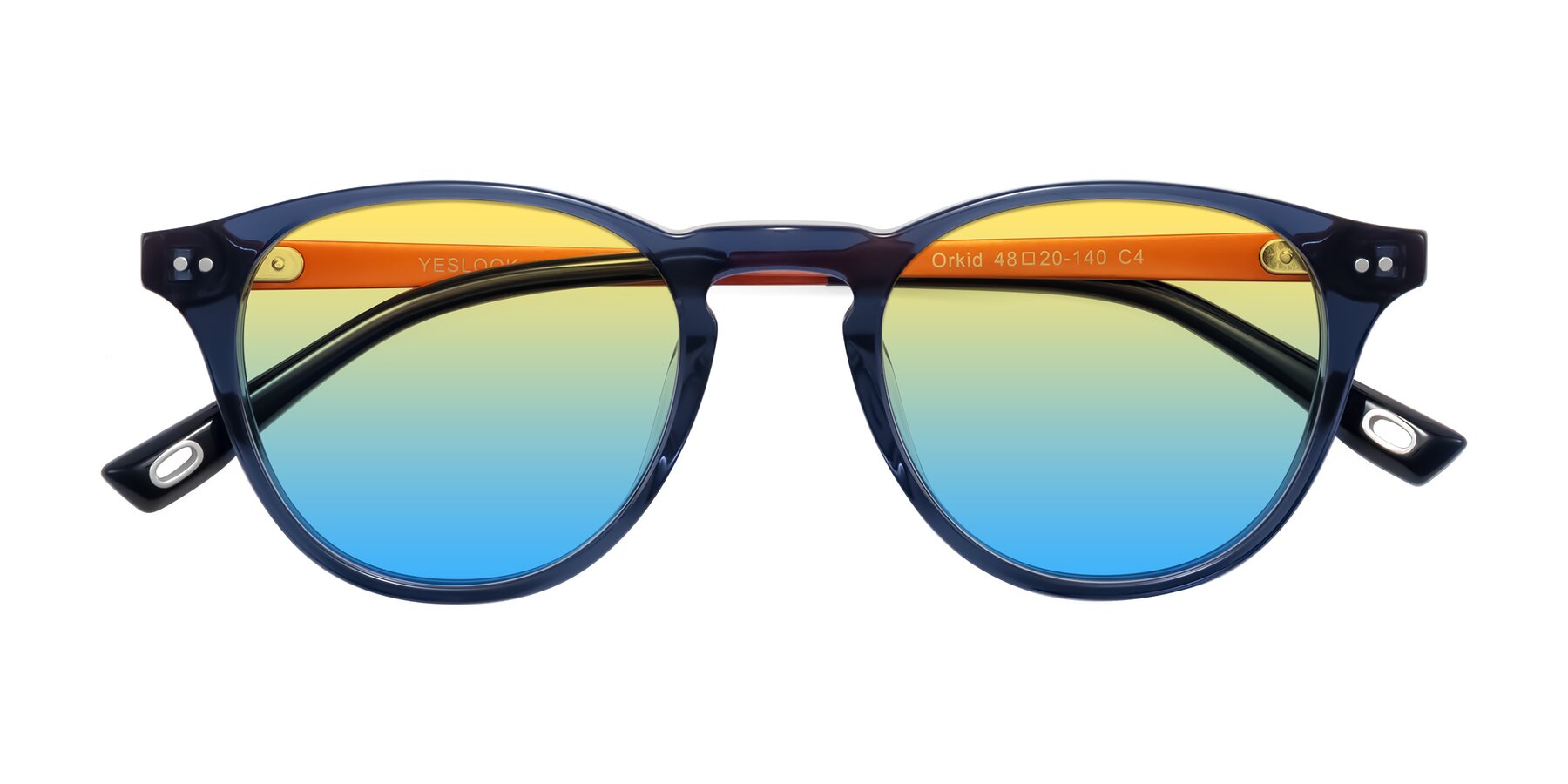 Folded Front of Orkid in Blue/Orangle with Yellow / Blue Gradient Lenses