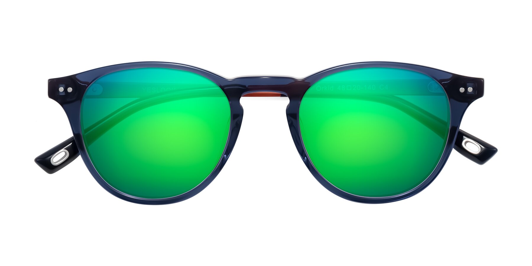 Folded Front of Orkid in Blue/Orangle with Green Mirrored Lenses