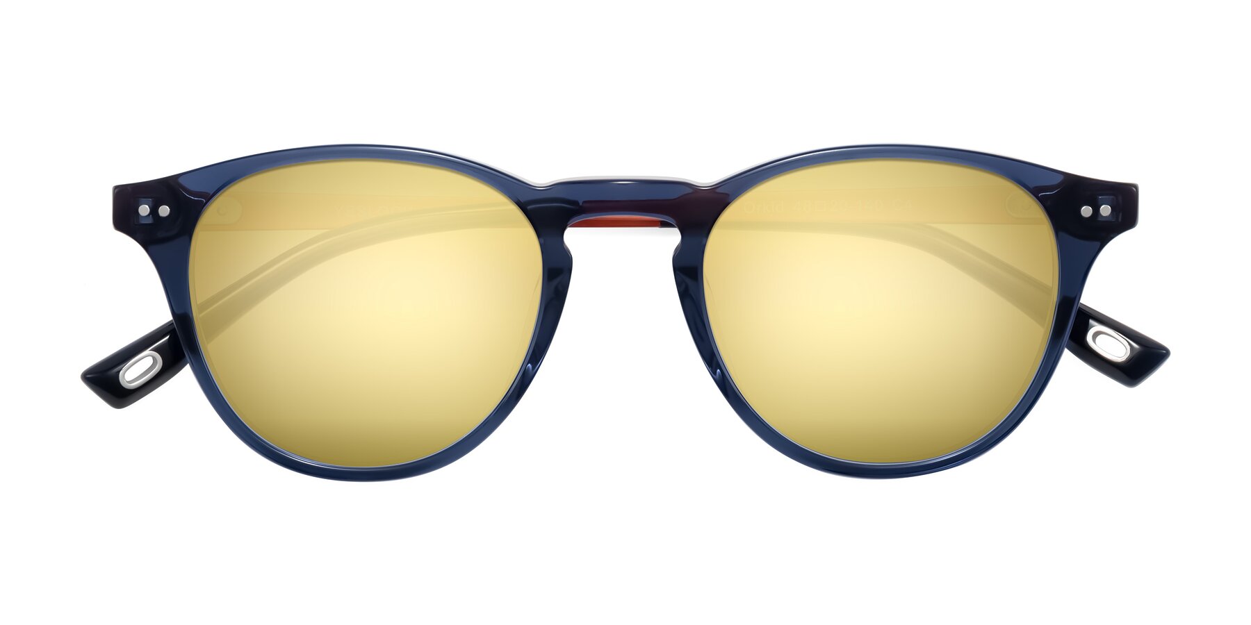 Folded Front of Orkid in Blue/Orangle with Gold Mirrored Lenses