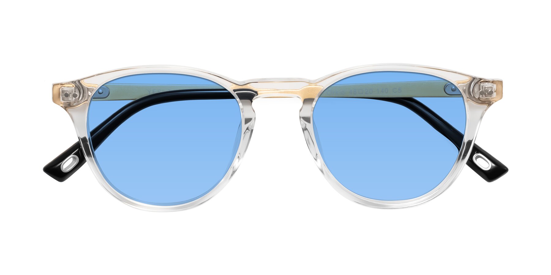 Folded Front of Orkid in Clear/Gold with Medium Blue Tinted Lenses
