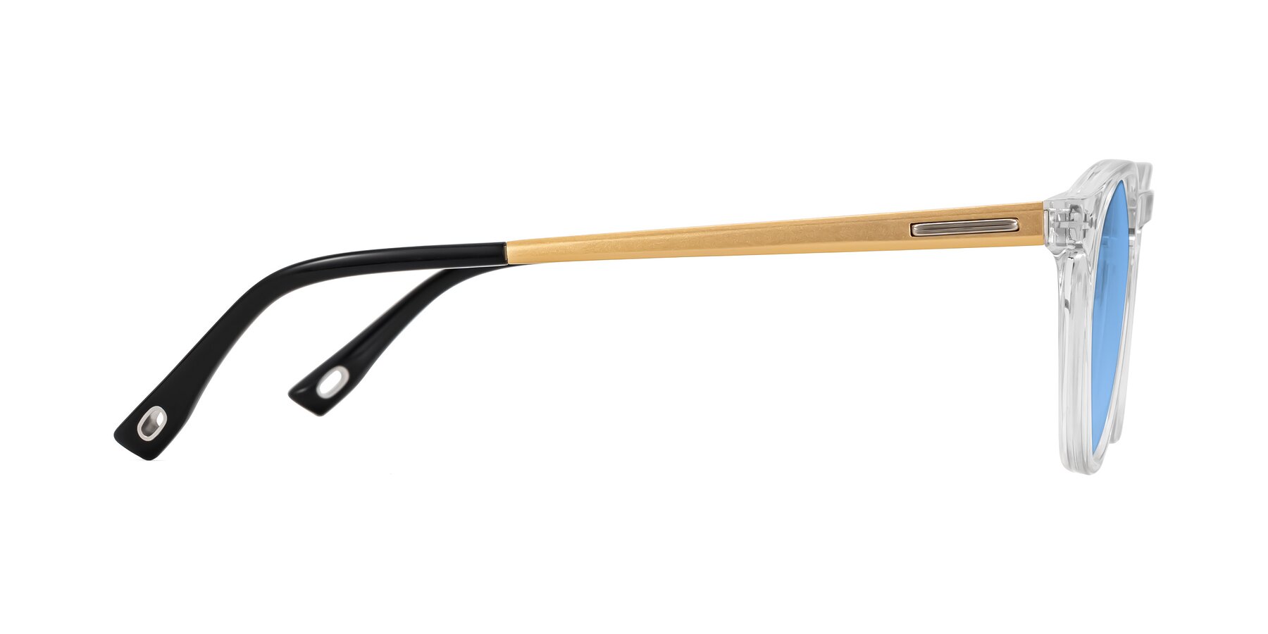 Side of Orkid in Clear/Gold with Medium Blue Tinted Lenses