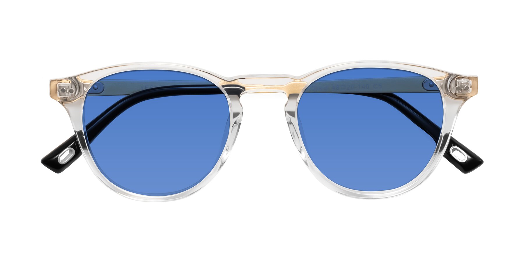 Folded Front of Orkid in Clear/Gold with Blue Tinted Lenses