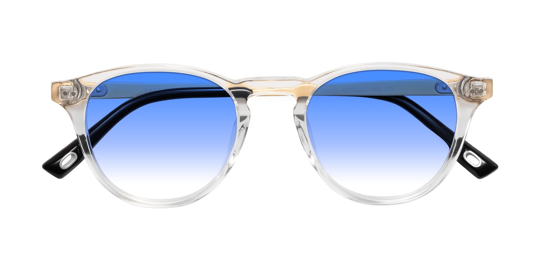 Folded Front of Orkid in Clear/Gold with Blue Gradient Lenses
