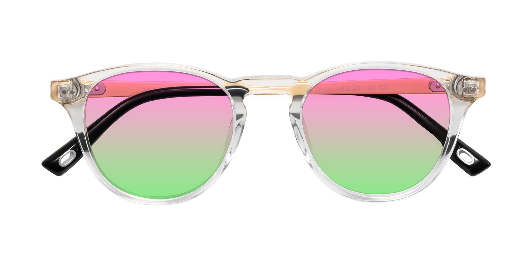 Folded Front of Orkid in Clear/Gold with Pink / Green Gradient Lenses