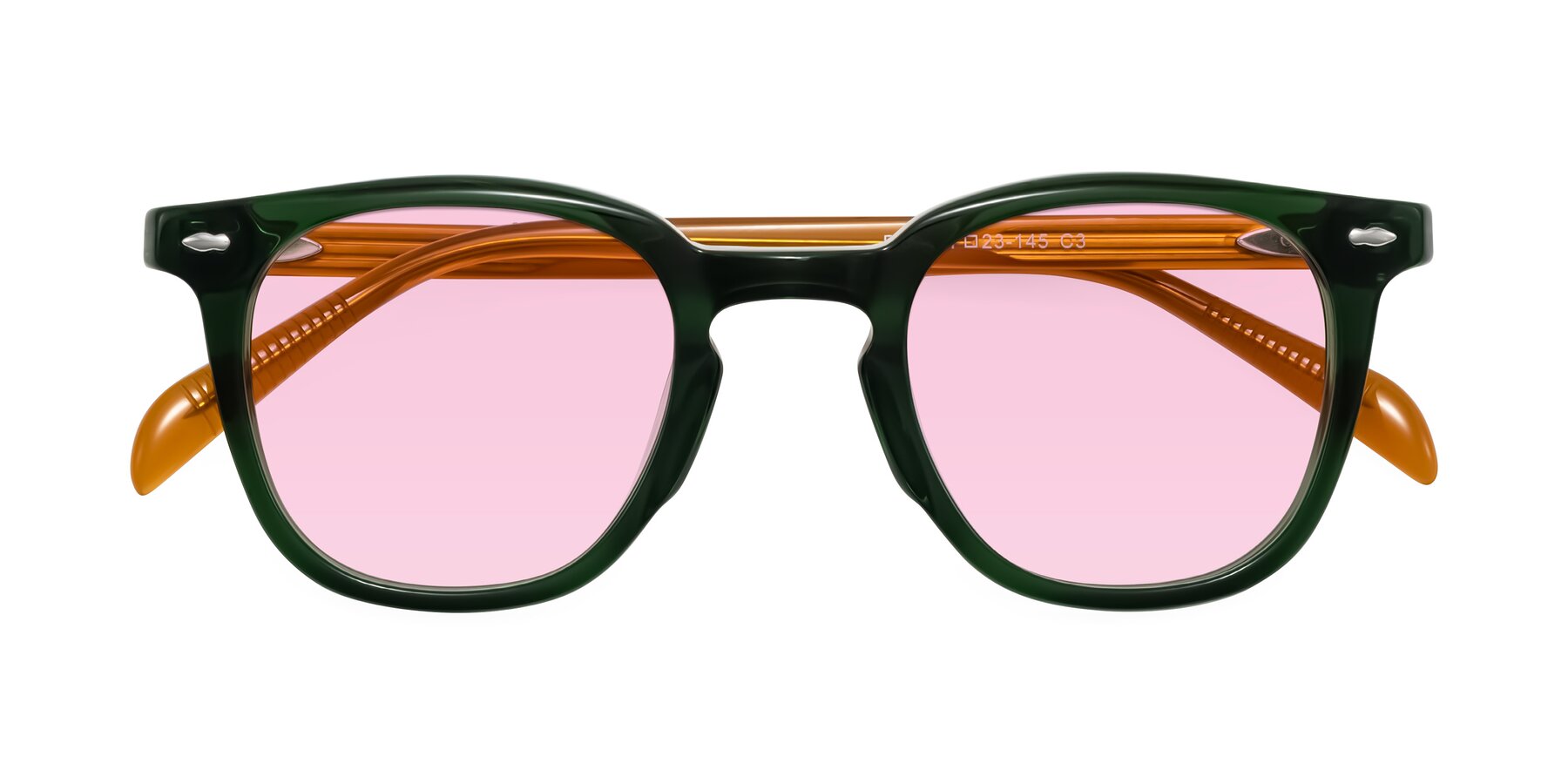 Folded Front of Palu in Emerald Green/Honey with Light Pink Tinted Lenses