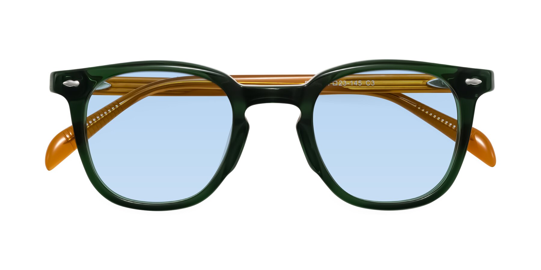 Folded Front of Palu in Emerald Green/Honey with Light Blue Tinted Lenses
