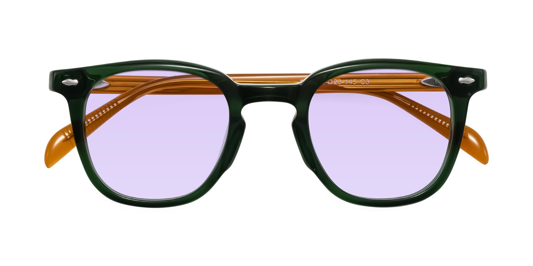 Folded Front of Palu in Emerald Green/Honey with Light Purple Tinted Lenses