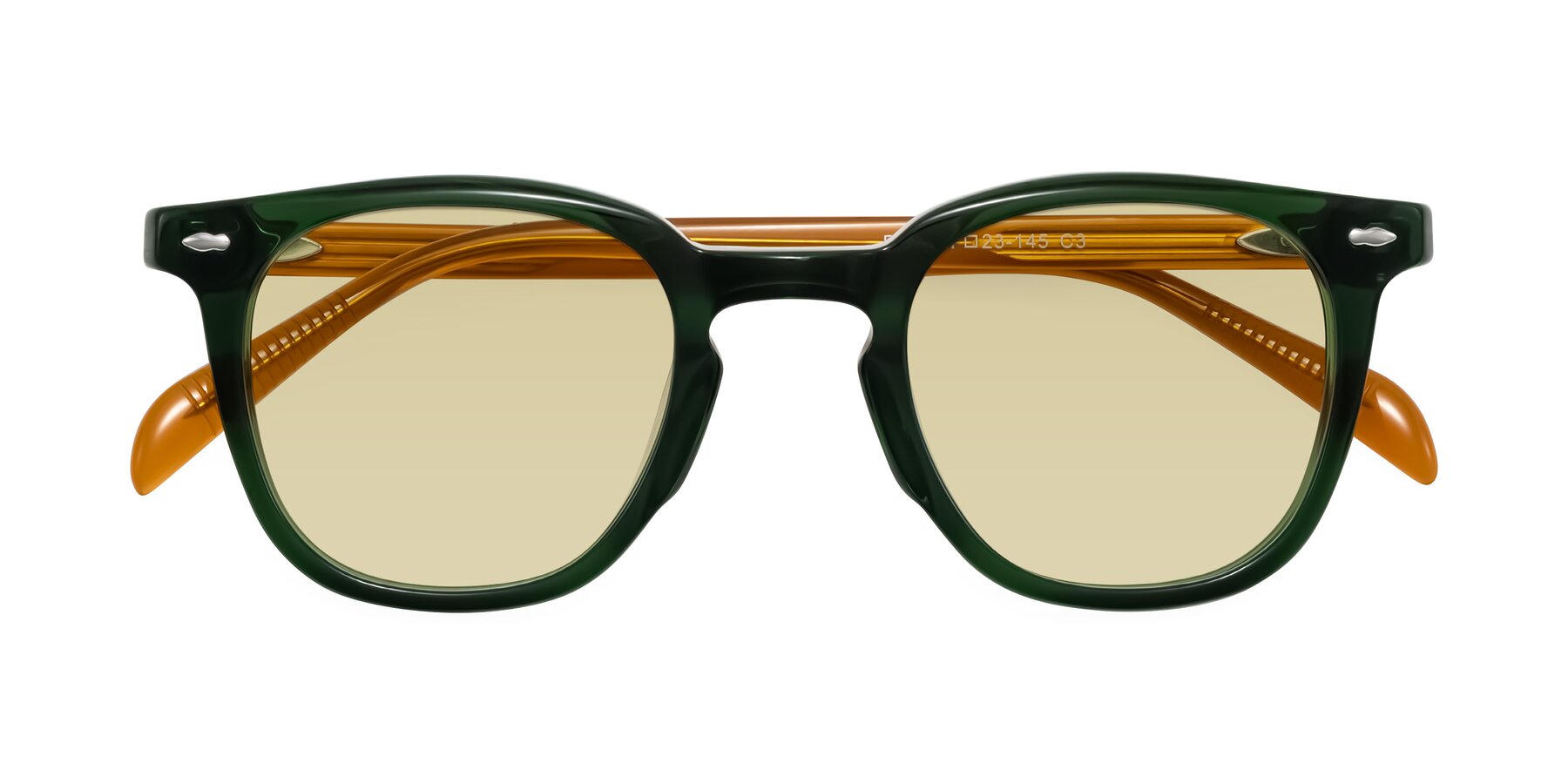 Folded Front of Palu in Emerald Green/Honey with Light Champagne Tinted Lenses