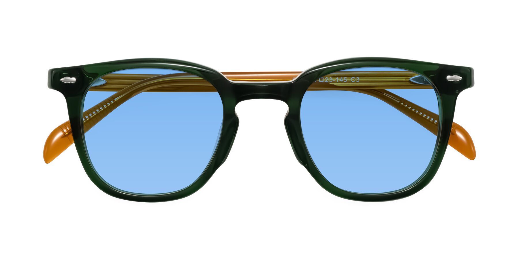 Folded Front of Palu in Emerald Green/Honey with Medium Blue Tinted Lenses