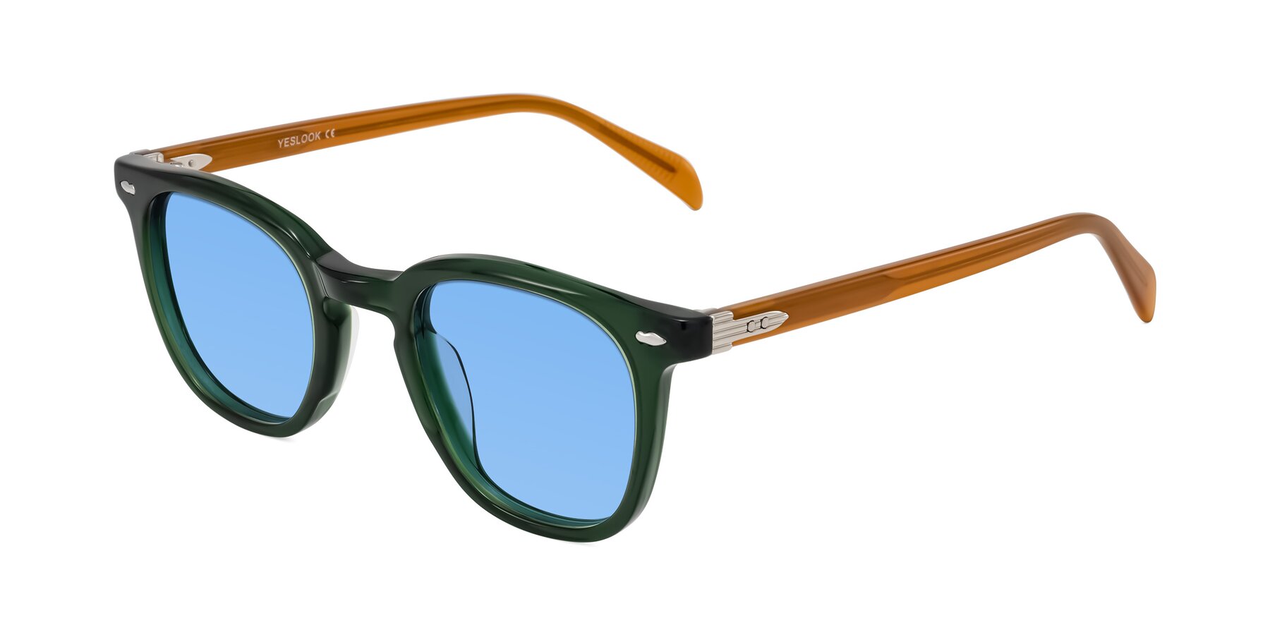 Angle of Palu in Emerald Green/Honey with Medium Blue Tinted Lenses