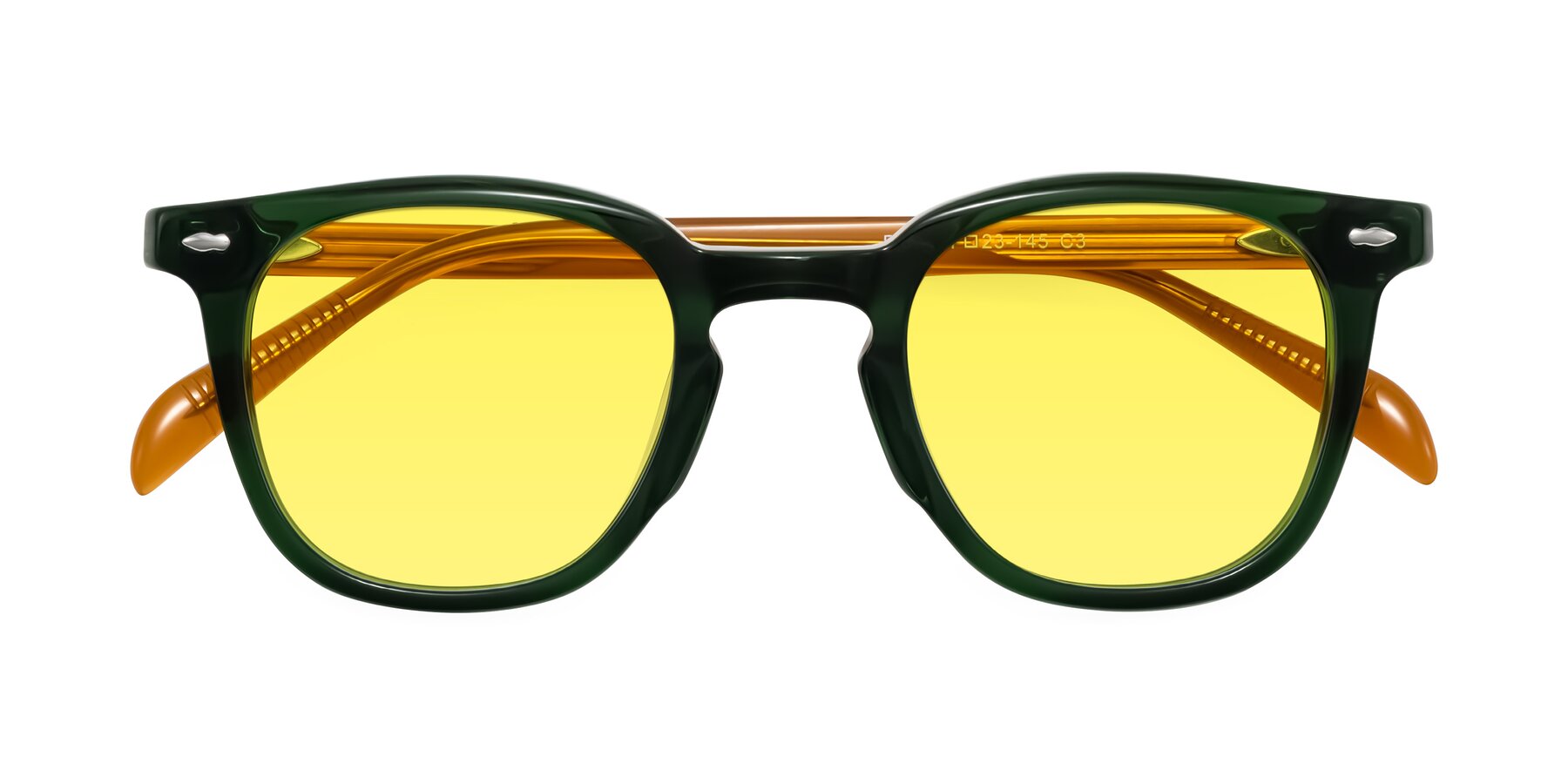 Folded Front of Palu in Emerald Green/Honey with Medium Yellow Tinted Lenses