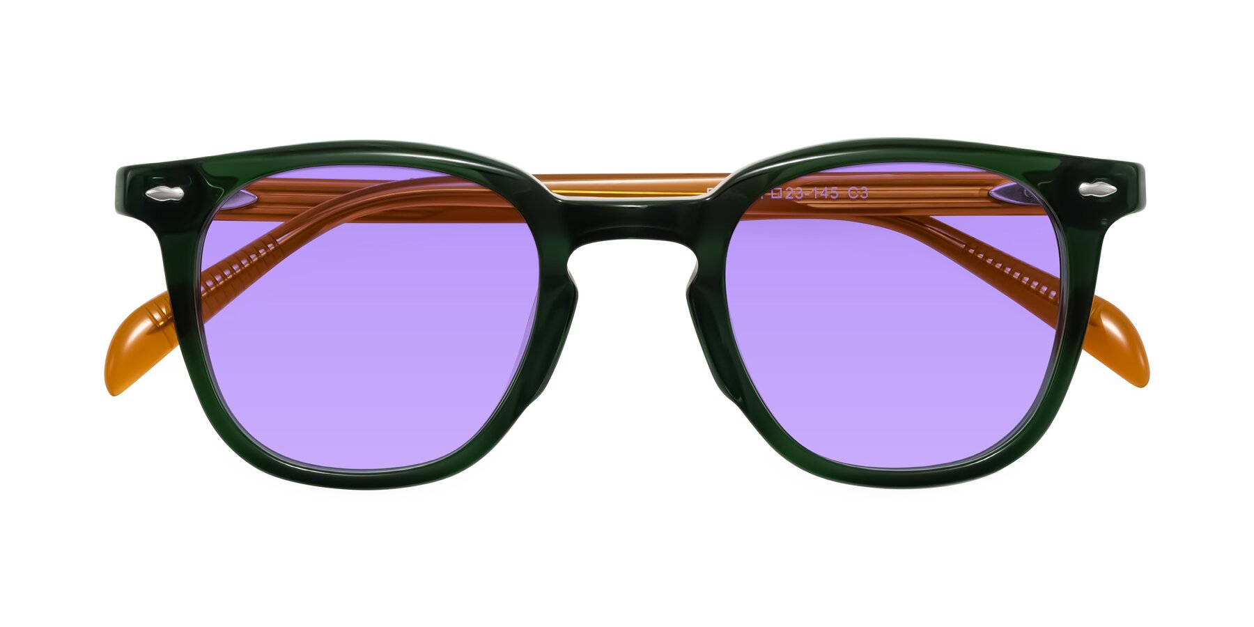 Folded Front of Palu in Emerald Green/Honey with Medium Purple Tinted Lenses