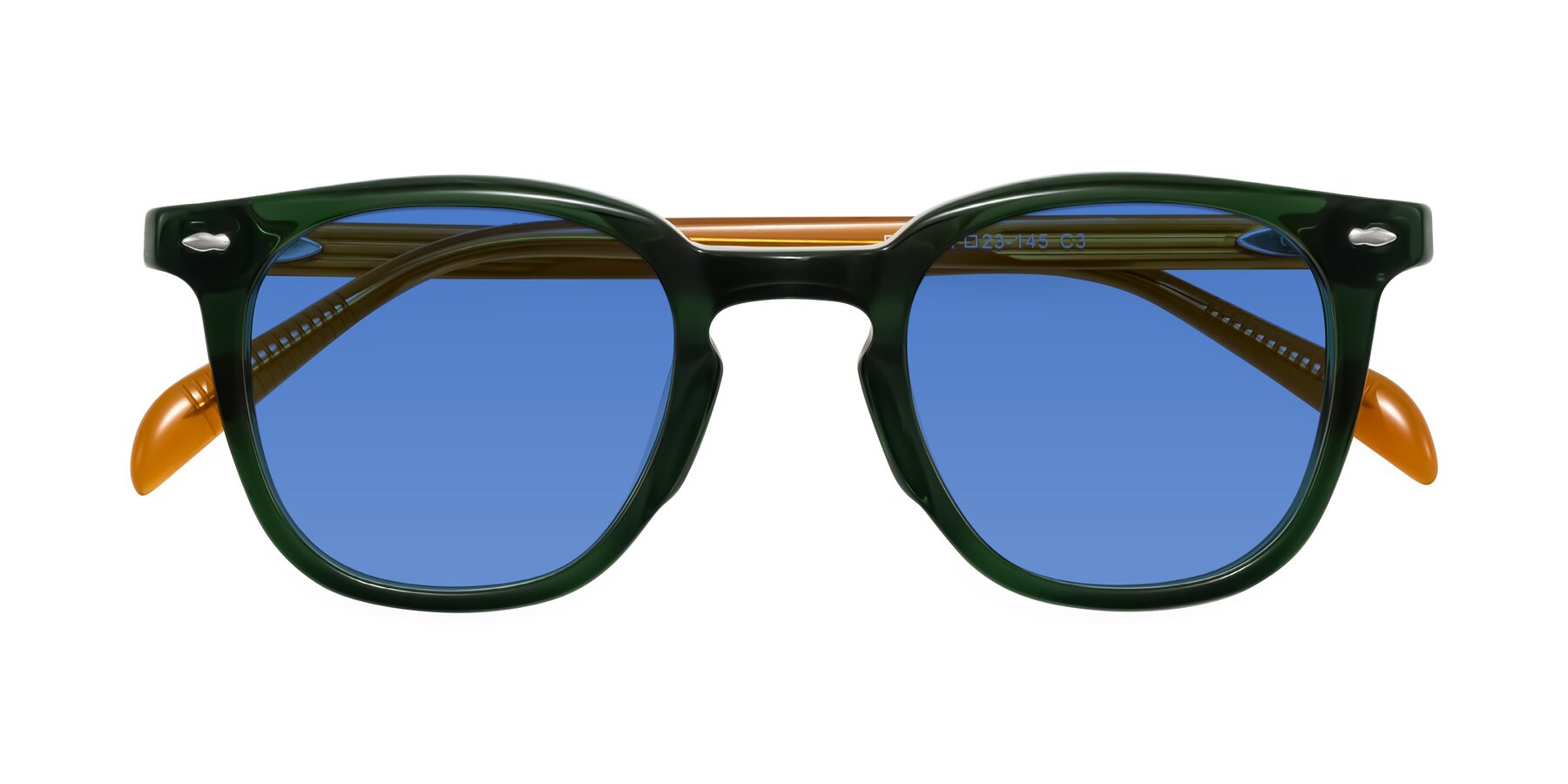 Folded Front of Palu in Emerald Green/Honey with Blue Tinted Lenses